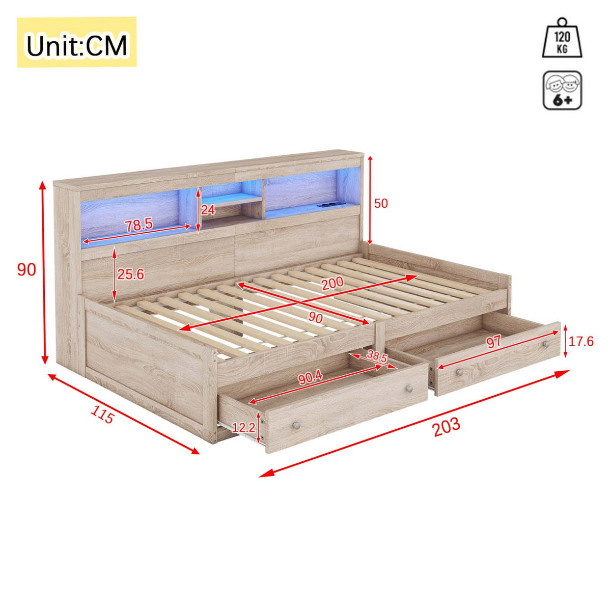 MULTIFUNKTIONSBETT 90/200 cm natur mit LED-Beleuchtung und USB-Anschlüssen - Naturfarben, Holzwerkstoff (90/200cm) - OKWISH