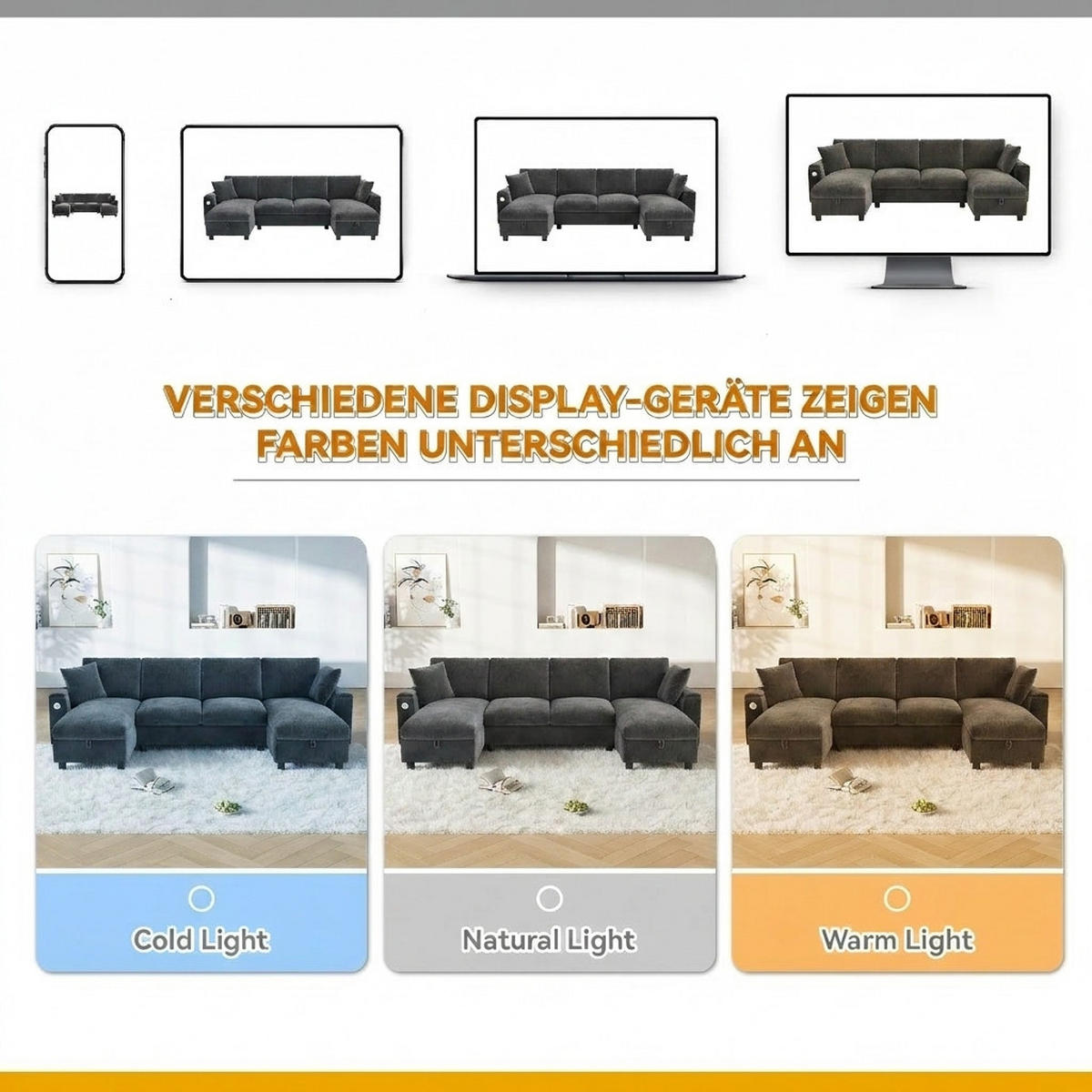 WOHNLANDSCHAFT Chenille Grau mit Stauraum, USB und Type-C - Grau, Holzwerkstoff/Kunststoff (284/84/135cm) - WISHDOR