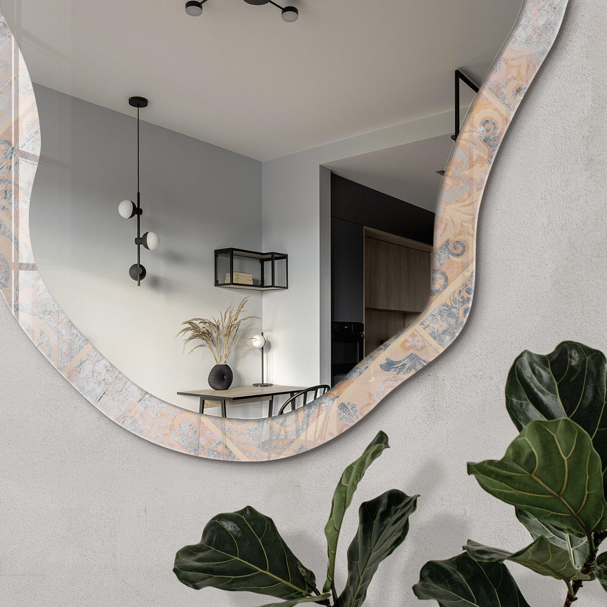 SPIEGEL 90x45 cm asymmetrisch mit Druck - Vintage-Fliesen - Transparent, Glas (45/90/0.4cm) - TULUP