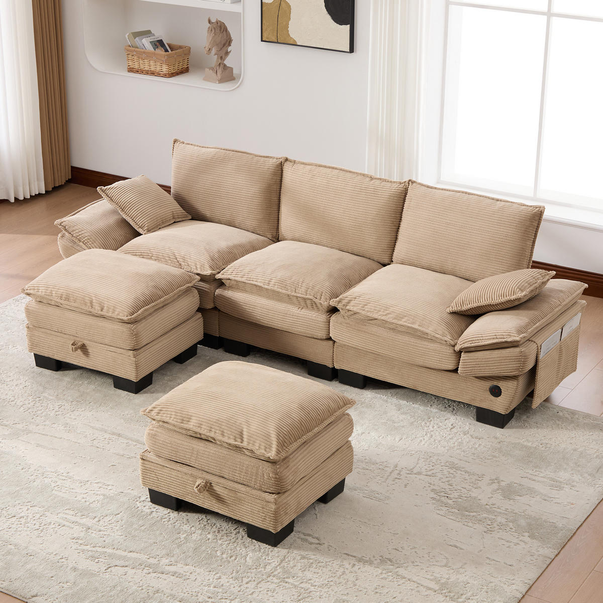 WOHNLANDSCHAFT Cord Khaki mit USB-C, Seitentaschen und 2 Hockern - Hellbraun, Holzwerkstoff/Kunststoff (260/84/132cm) - WISHDOR