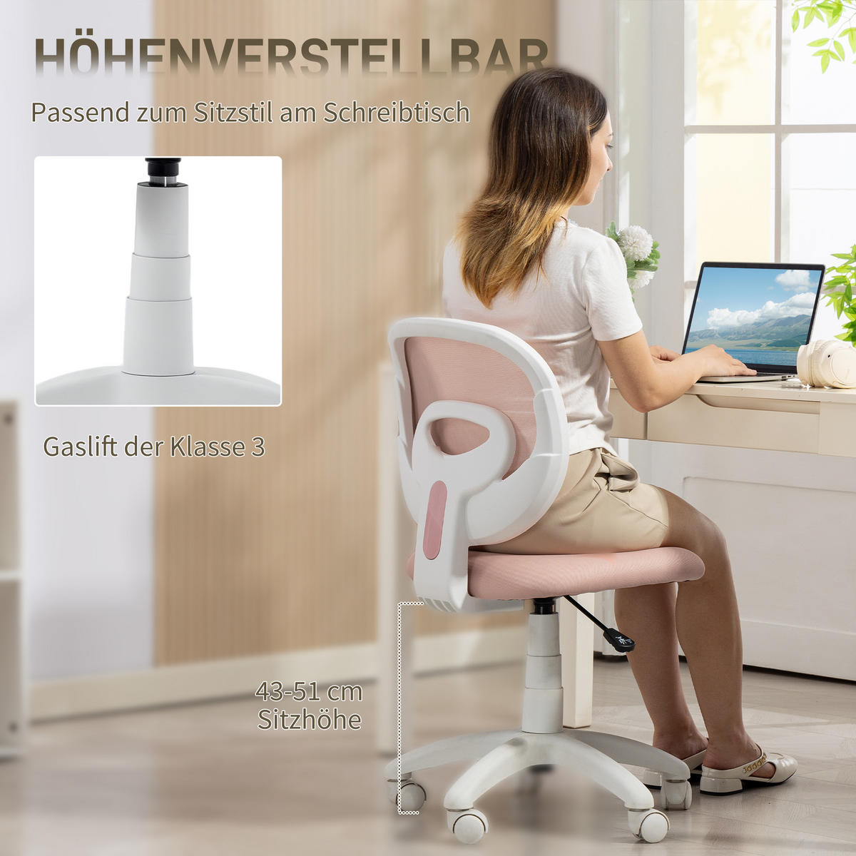 BÜROSTUHL Ergonomischer Schreibtischstuhl mit C-förmiger Rückenstütze, Rosa - Rosa/Weiß, Textil (53/89/59.5cm) - HOMCOM