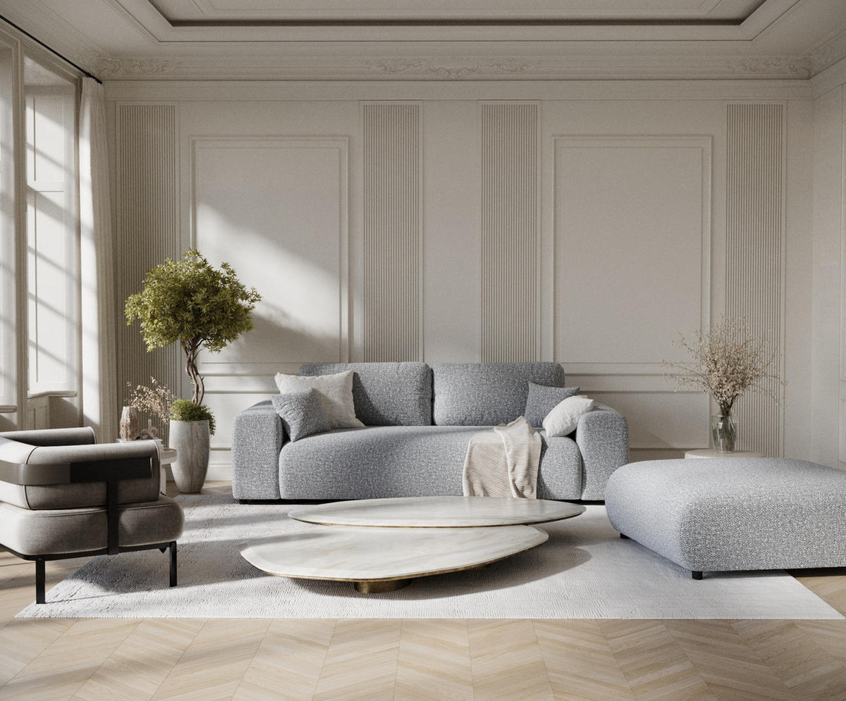 3-SITZER-SOFA Zanzibar Grau Plüschstoff - Schwarz/Grau, Holz/Holzwerkstoff (213/79/108cm) - Maison de Reve