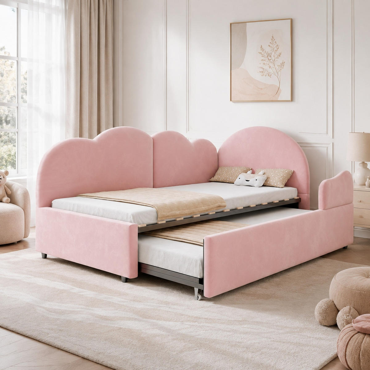 POLSTERBETT 90/200 mit Ausziehbett und Wolkenkopfteil in Rosa - Rosa, Holzwerkstoff/Textil (90/200cm) - EVRYAE