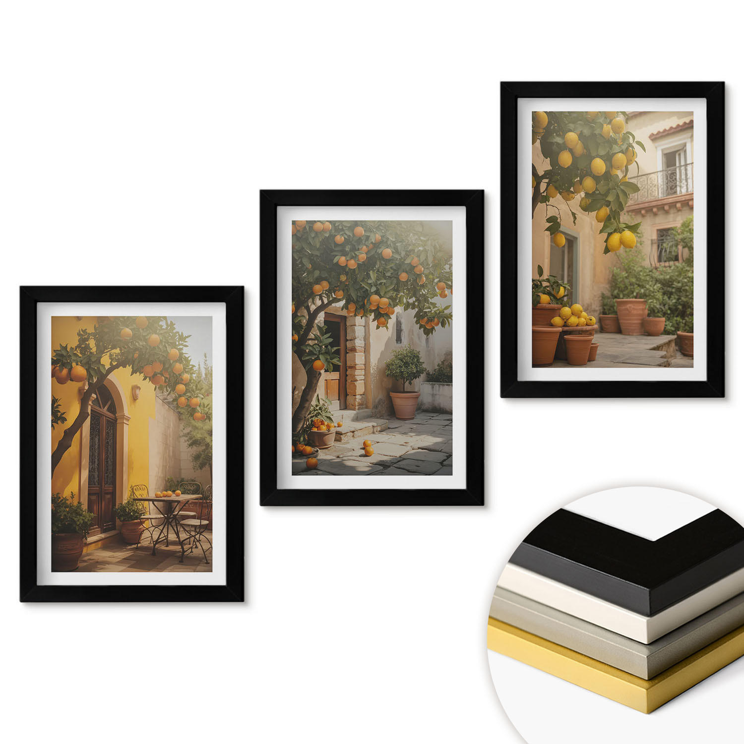 WANDBILDER 3er-Set - 20x30 cm Schwarzer Rahmen - Zitrustöpfe für sonnige Terrassen - Schwarz, Kunststoff (20/30cm) - ArtPrintCave