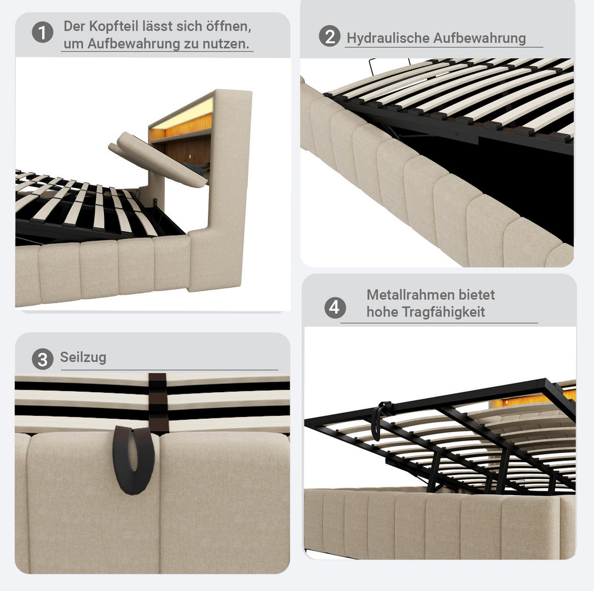 POLSTERBETT 180x200 cm in Beige mit Bettkasten, LED-Beleuchtung und USB-/USB-C-Anschlüssen - Beige, Textil (180/200cm) - IVMEU