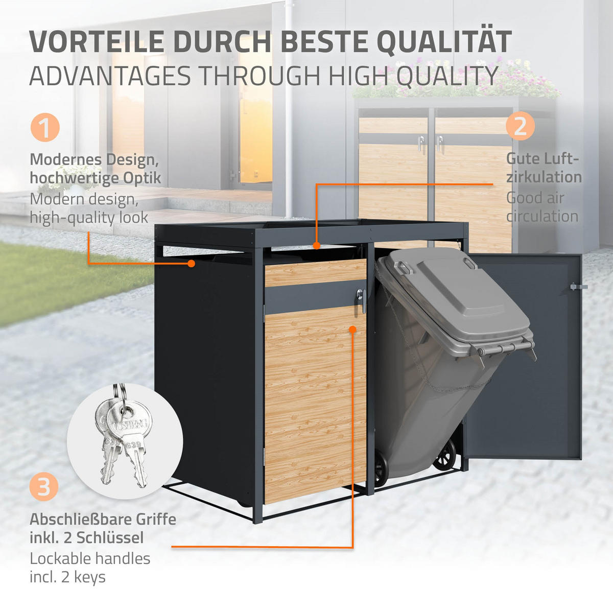 MÜLLTONNENBOX 4er mit Pflanzdach Anthrazit-Lärchenoptik - Hellbraun, Metall (80/124/264cm) - ML-DESIGN