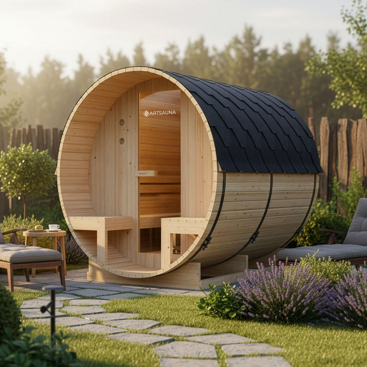 FASSSAUNA Spitzbergen 220 cm mit zwei Bänken (6 Personen) - Naturfarben, Holz (185/190/220cm) - Artsauna