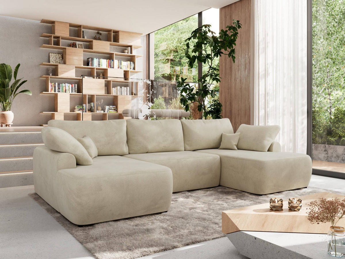 WOHNLANDSCHAFT CUBO U Beige Velvet - Beige/Schwarz, Kunststoff/Textil (370/100/187cm) - MKS