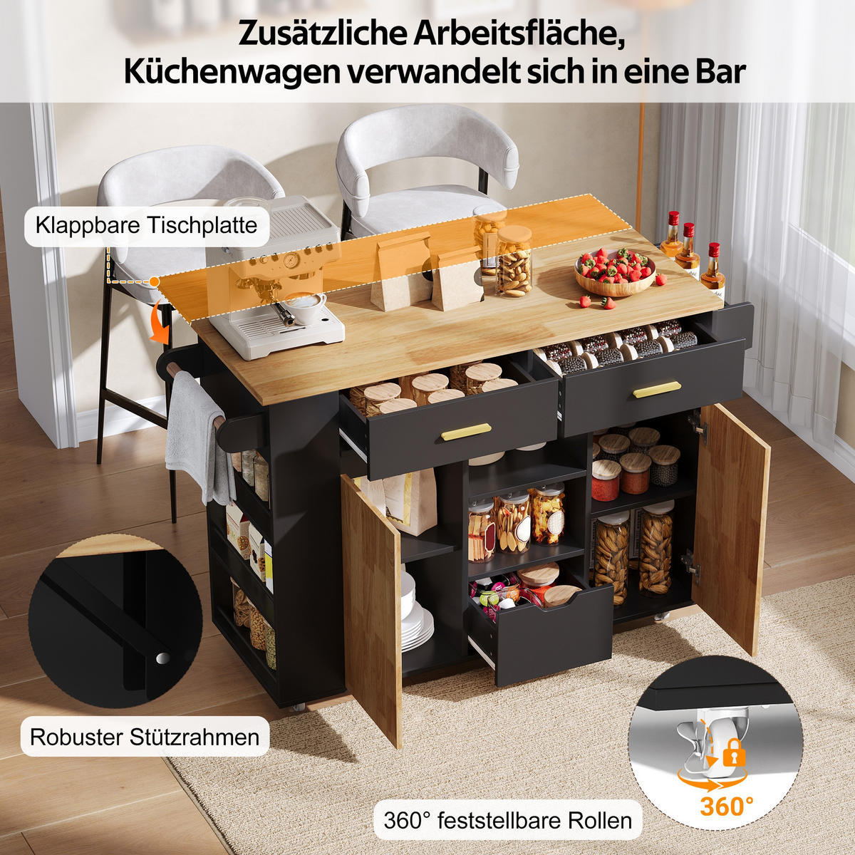 KÜCHENINSEL auf Rollen 120/71/90 cm Schwarz mit klappbarer Arbeitsplatte, 2 Schubladen und 3-stufigem Gewürzregal - Schwarz, Holz (71/90/120cm) - Oxeza
