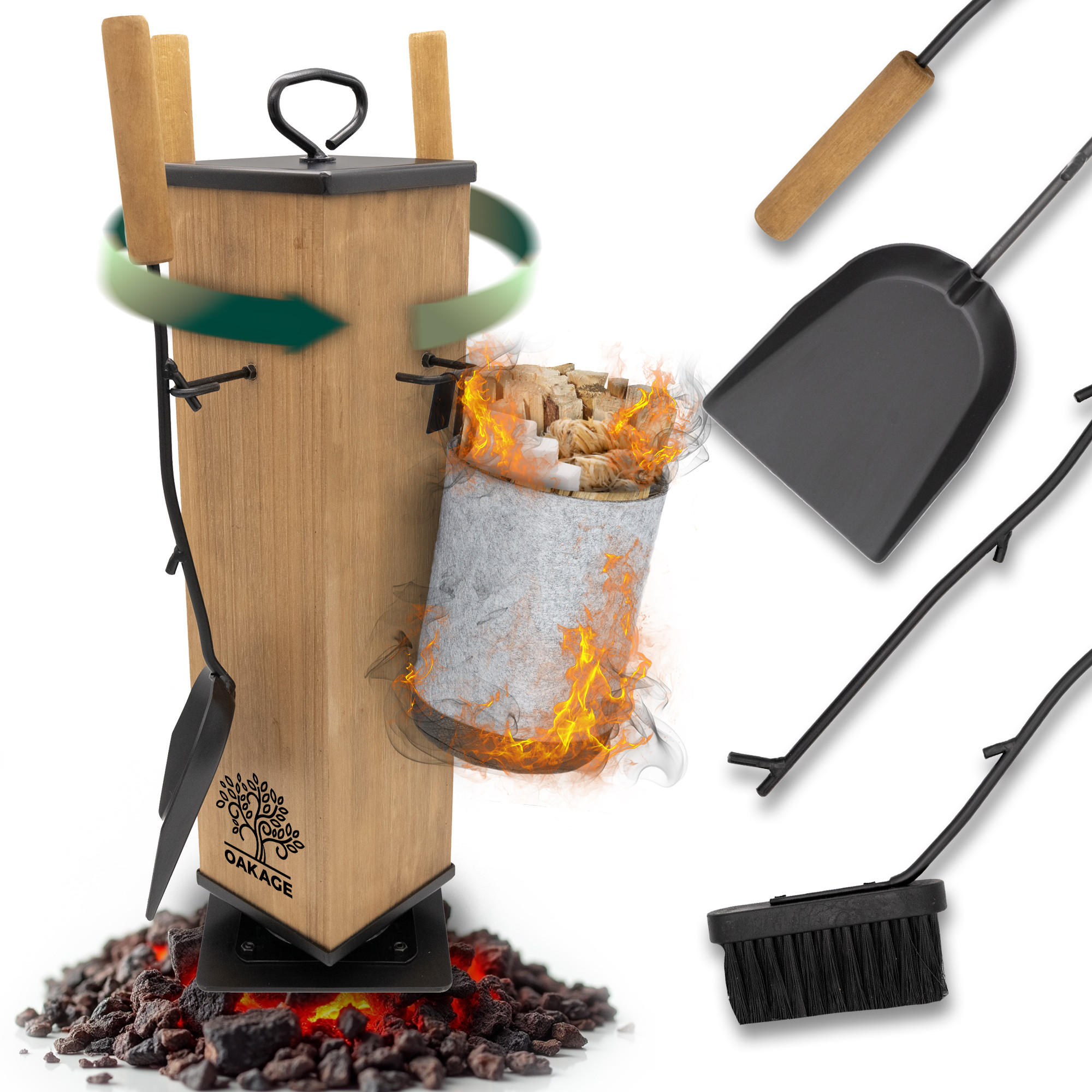 KAMINBESTECK FireMaster mit Zündholzkorb aus Filz - Hellgrau, Holz/Kunststoff (18/58/18cm) - OAKAGE