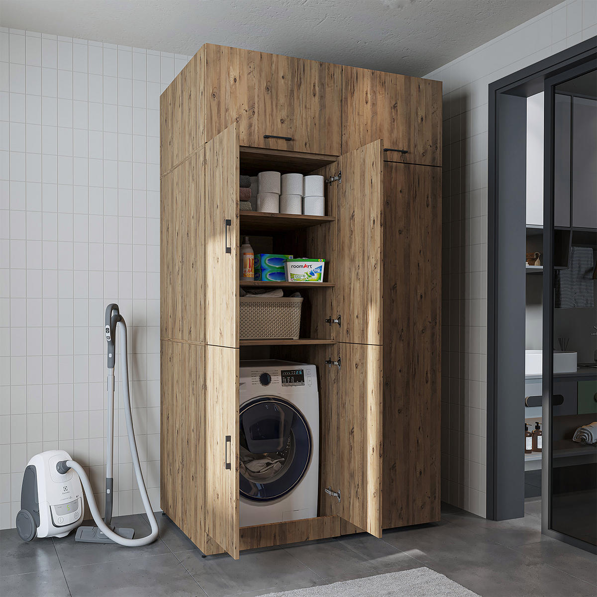 WASCHMASCHINENSCHRANK DORA-II 130cm Breit, 230cm Hoch - Eichefarben, Holzwerkstoff (130/230/73.8cm)