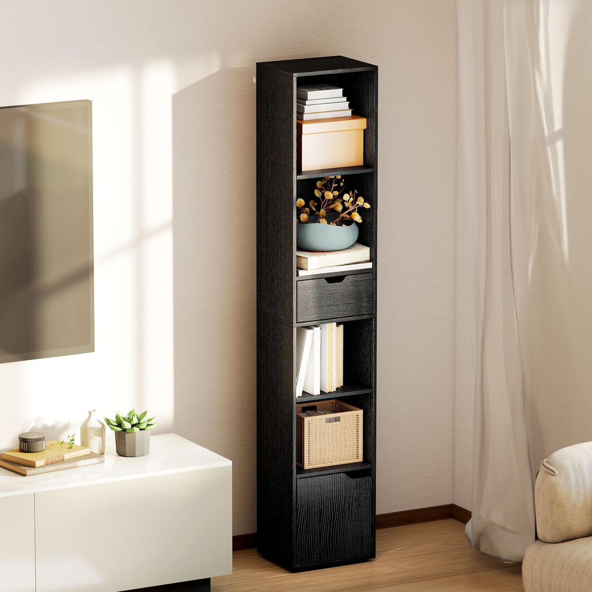 BÜCHERREGAL,4 Ablagen Schrank Schublade 30x24x158cm,schwarz - Schwarz, Holzwerkstoff (30/158/24cm) - Vallsero