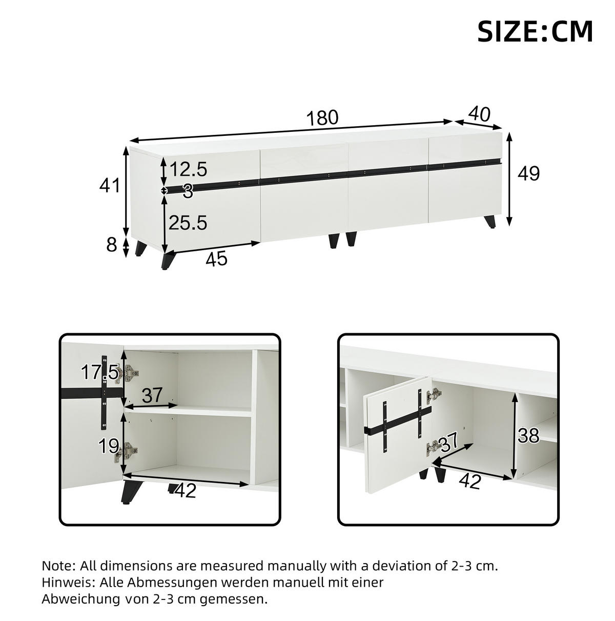 TV stolek 180/40/49 cm s vysokým leskem, 4 skříňkami, nastavitelnými přepážkami a 8 nohami, Bílá - bílá, kompozitní dřevo (180/49/40cm) - Redom
