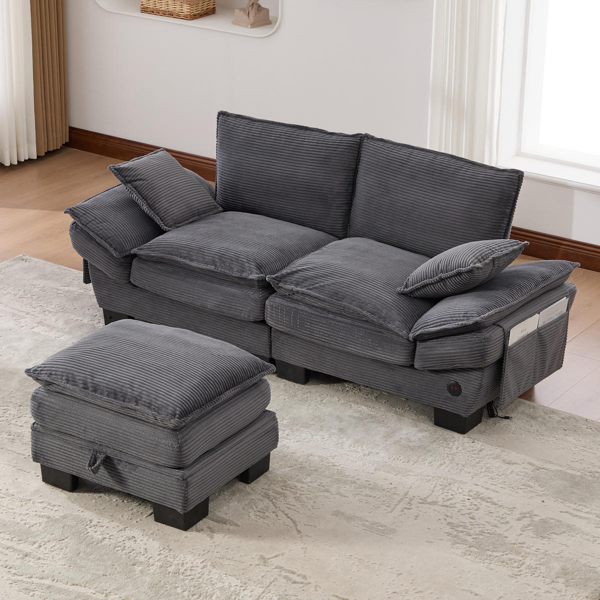 2-SITZER SOFA Cord Dunkelgrau mit Hocker, USB-C und Seitentaschen - Dunkelgrau, Holzwerkstoff/Kunststoff (190/132cm) - WISHDOR