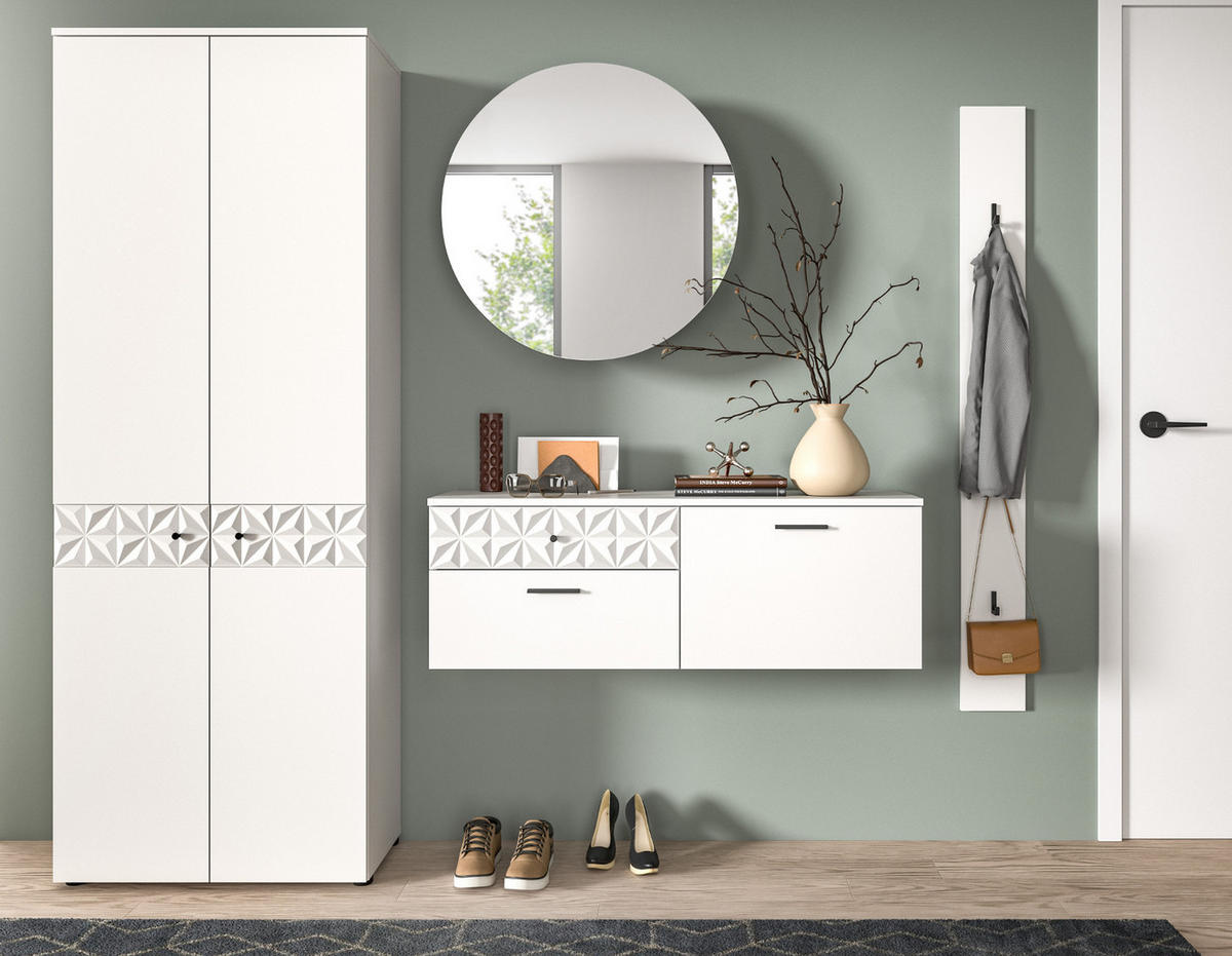 SCHUHSCHRANK weiß Hochglanz 110 cm, Kommode hängend mit 3D-Struktur - Weiß Hochglanz/Schwarz, Holzwerkstoff/Metall (110/38/35cm) - Inn.Furn