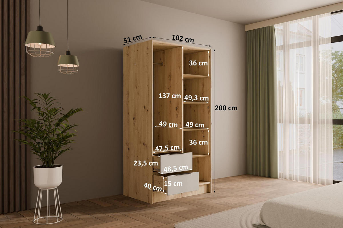 KLEIDERSCHRANK mit Flügeltüren KOLIN 100x200cm Artisan / Weiß - Eiche Artisan/Weiß, Holzwerkstoff (102/200/51cm) - ALTDECOR