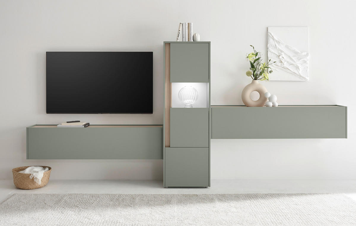 WOHNWAND 3-teilig in Salbei grün, Barista Eiche 350, Komplett-Set mit viel Stauraum - Salbeigrün/Eichefarben, Glas/Holzwerkstoff (350/155/40cm) - Furn.Design