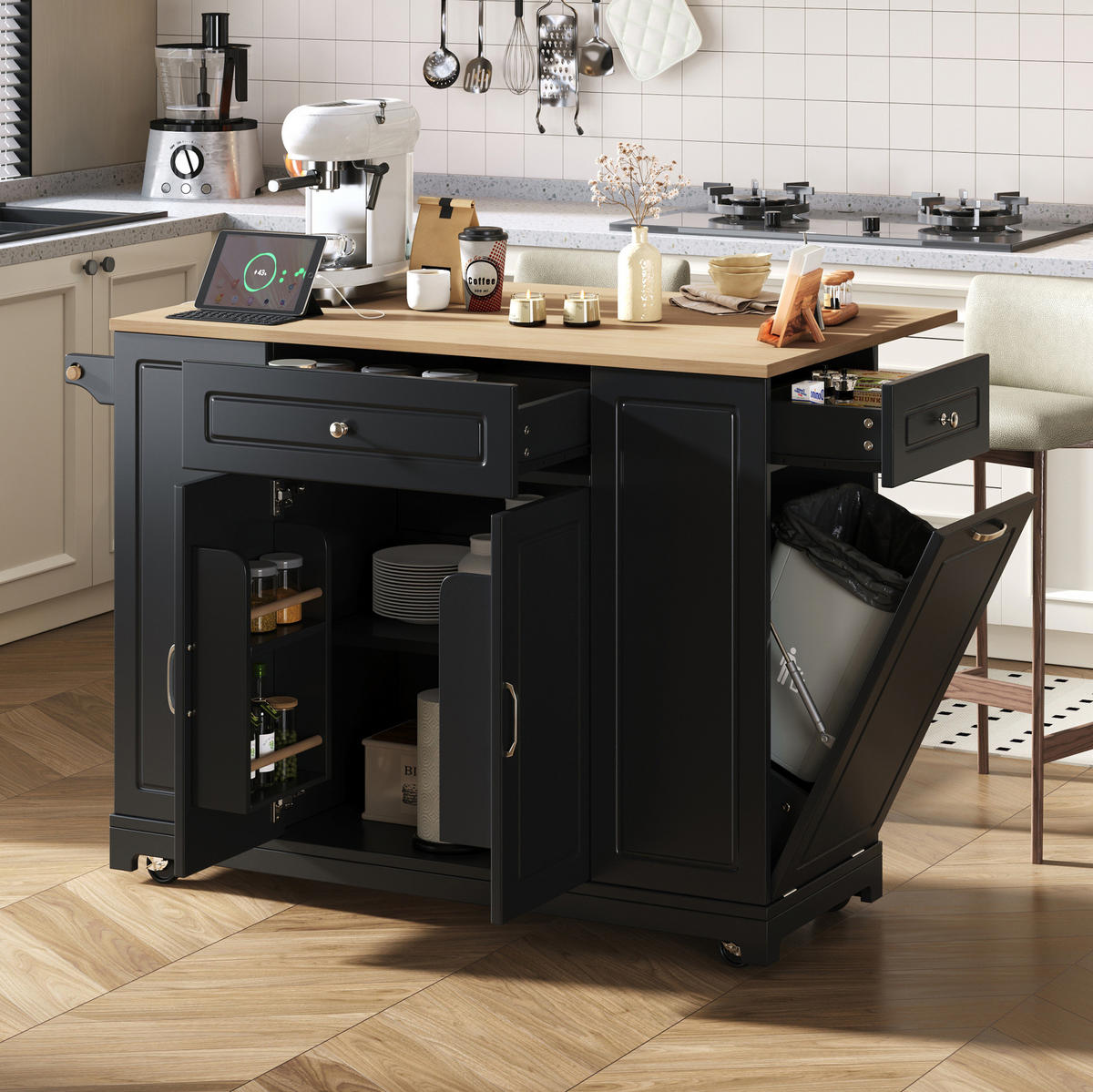 KÜCHENINSEL mit ausziehbarer Arbeitsplatte, Rollen, Black/Natural - Schwarz, Holz (40/93.3/131.8cm) - Beauniv