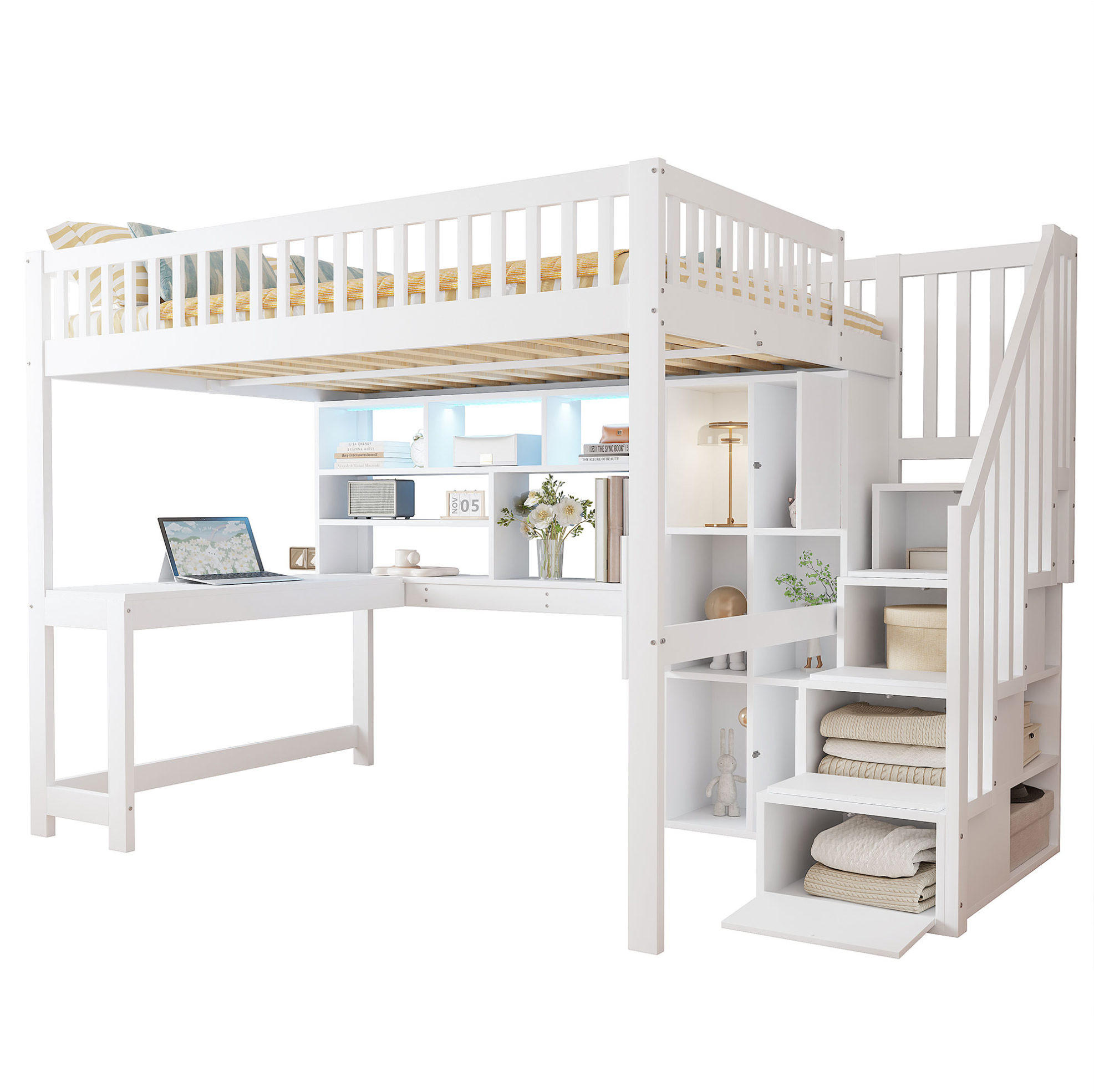 HOCHBETT 140/200 cm mit LED-Beleuchtung, Ablageleiter, Regalen und Schreibtisch, Weiß - Weiß, Holz (140/200cm) - Redom