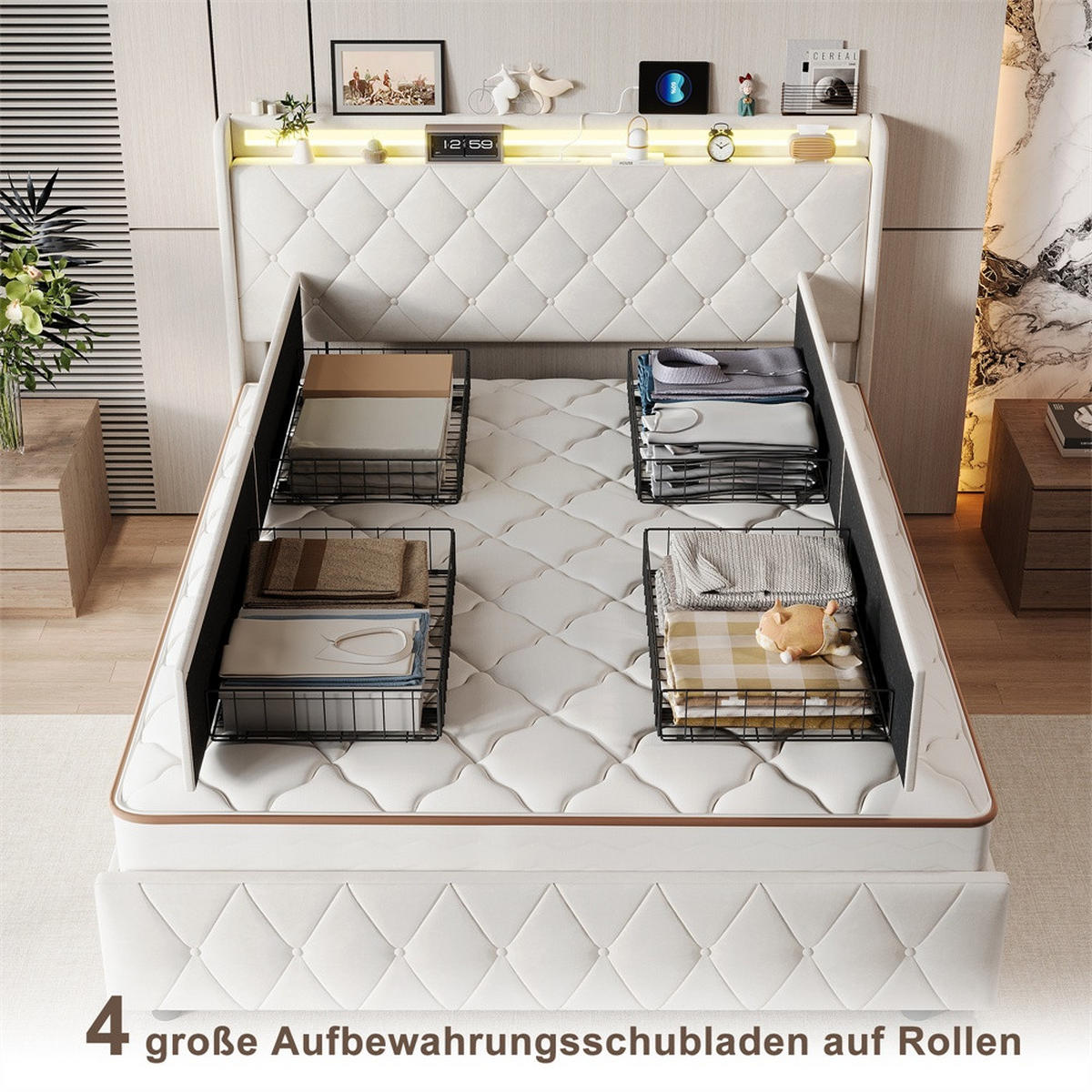 POLSTERBETT 140x200 cm mit 4 Schubladen & LED-Beleuchtung - USB-Anschlüsse - ohne Matratze - Beige - Beige, Textil (140/200cm) - DELFA