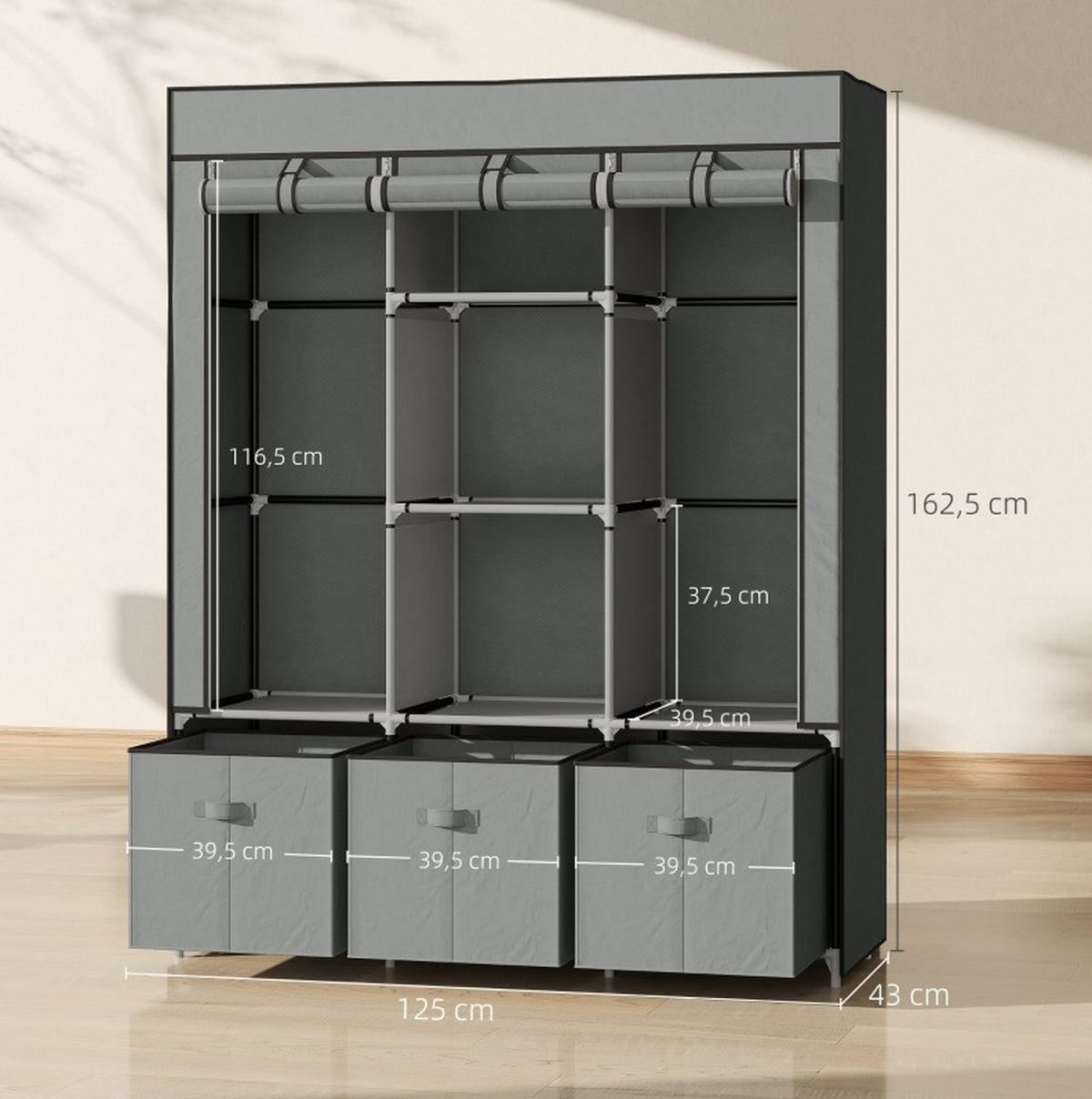 KLEIDERSCHRANK 125/43/162,5 cm mit 3 Schubladen und 2 Kleiderstangen in Hellgrau - Hellgrau, Metall (125/162.5/43cm) - BEAOK