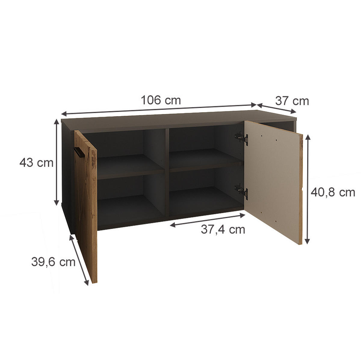 SCHUHSCHRANK Irma Anthrazit/Artisan 106 x 43 cm mit 2 Türen - Anthrazit, Holzwerkstoff (106/43/37.4cm) - Vicco