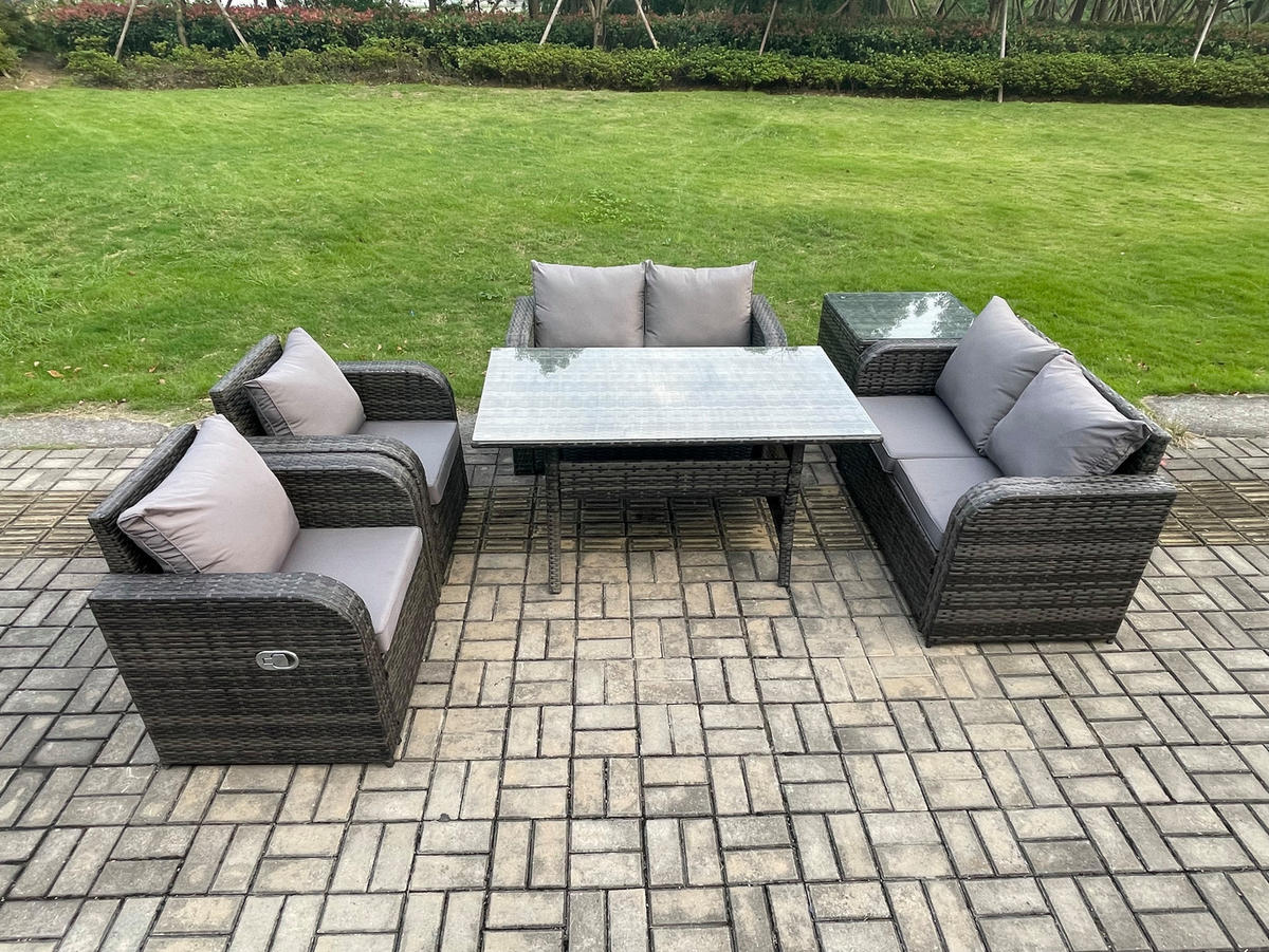 GARTENSET mit Zweisitzer,Esstisch,Beistelltisch Polyrattan 6-Sitzer - Dunkelgrau/Grau, Glas/Kunststoff - Fimous