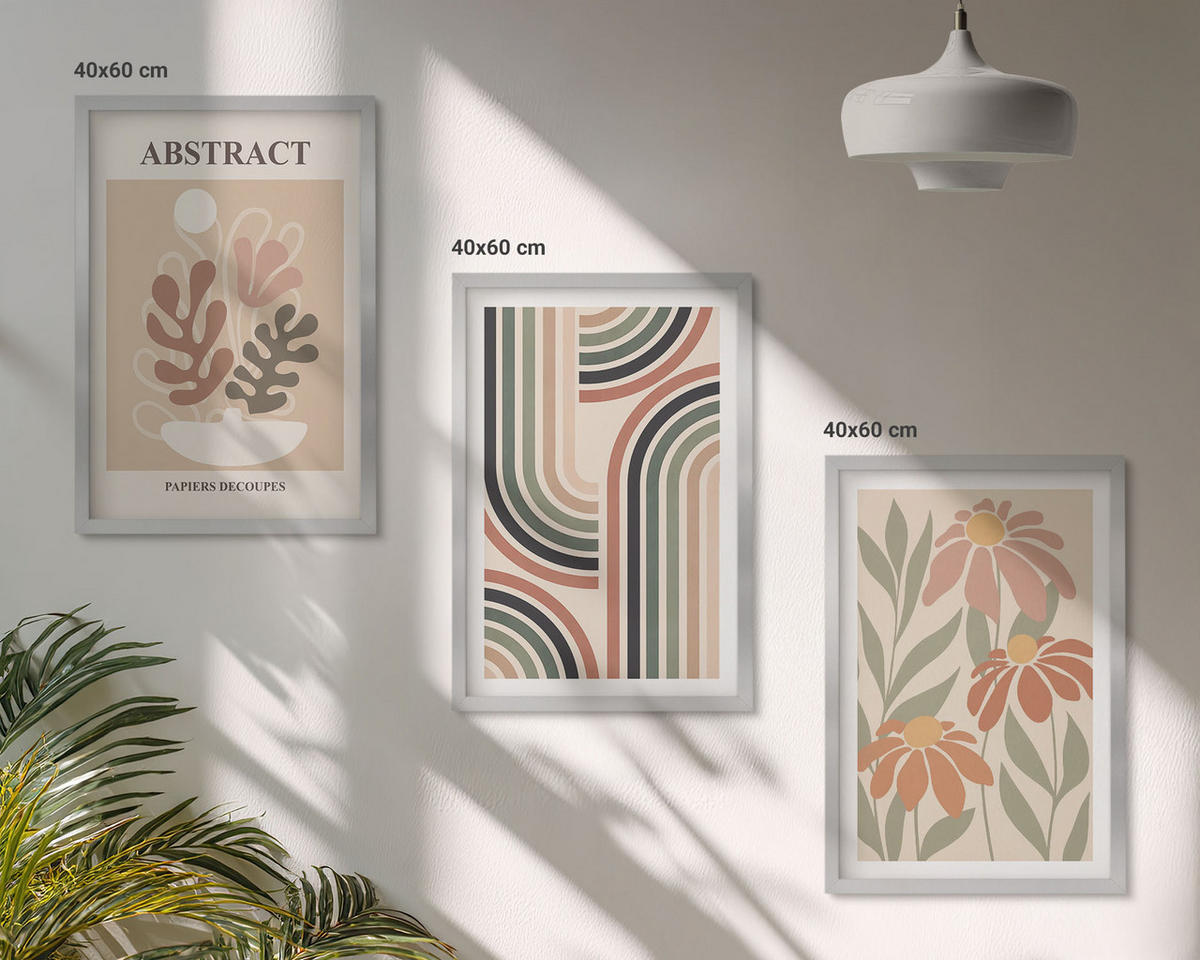 WANDBILDER 3er Set - 40x60 cm Silberner Rahmen - Abstrakte Pflanzen in Pastellfarben - Silberfarben, Kunststoff (40/60cm) - ArtPrintCave