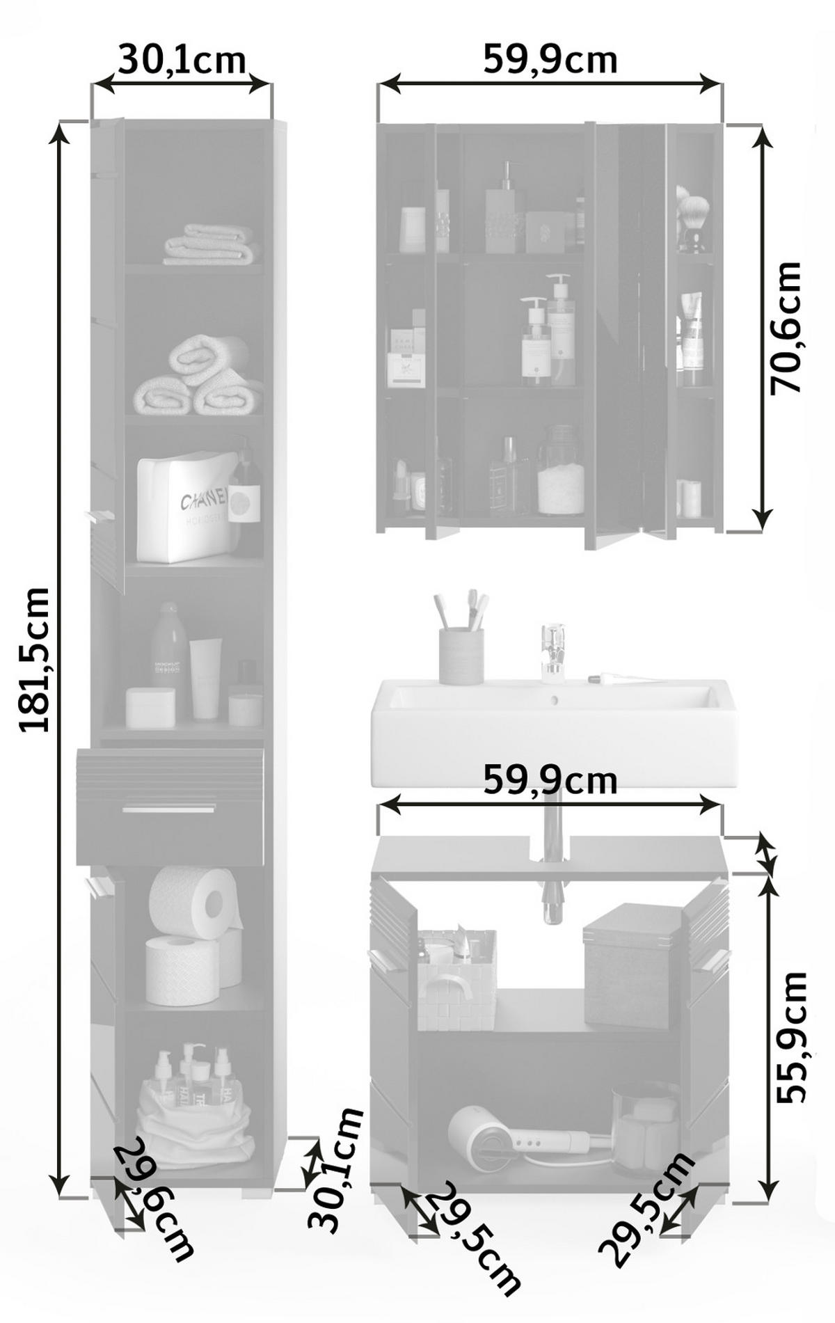 BADMÖBEL-SET in schwarz Hochglanz, 3-teilig 105 cm, Badkombination - Schwarz, Glas/Holzwerkstoff (105/182/34cm) - Inn.Furn