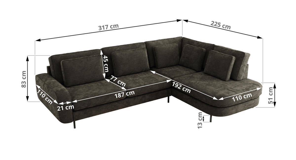 ROHOVÁ SEDAČKA CALENO L - Tmavě šedá Hrubě tkaná žinylka - Pravá Strana - černá/tmavě šedá, kov/textil (317/225cm) - MKS