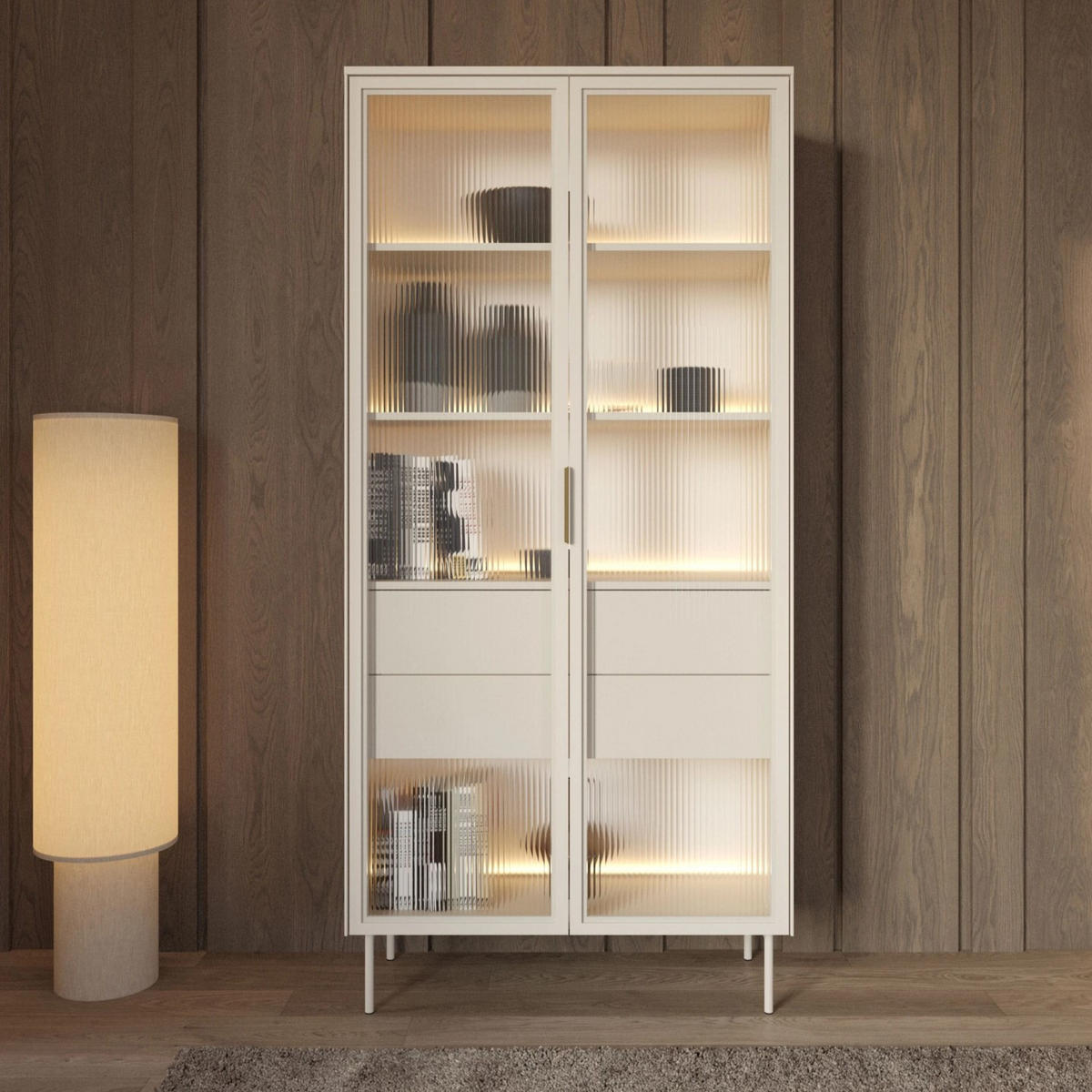 VITRINE LUMI 92 cm Kaschmir - mit Riffelglas und LED-Beleuchtung - Kaschmir/Goldfarben, Holz/Holzwerkstoff (92/195/39cm) - Ravio