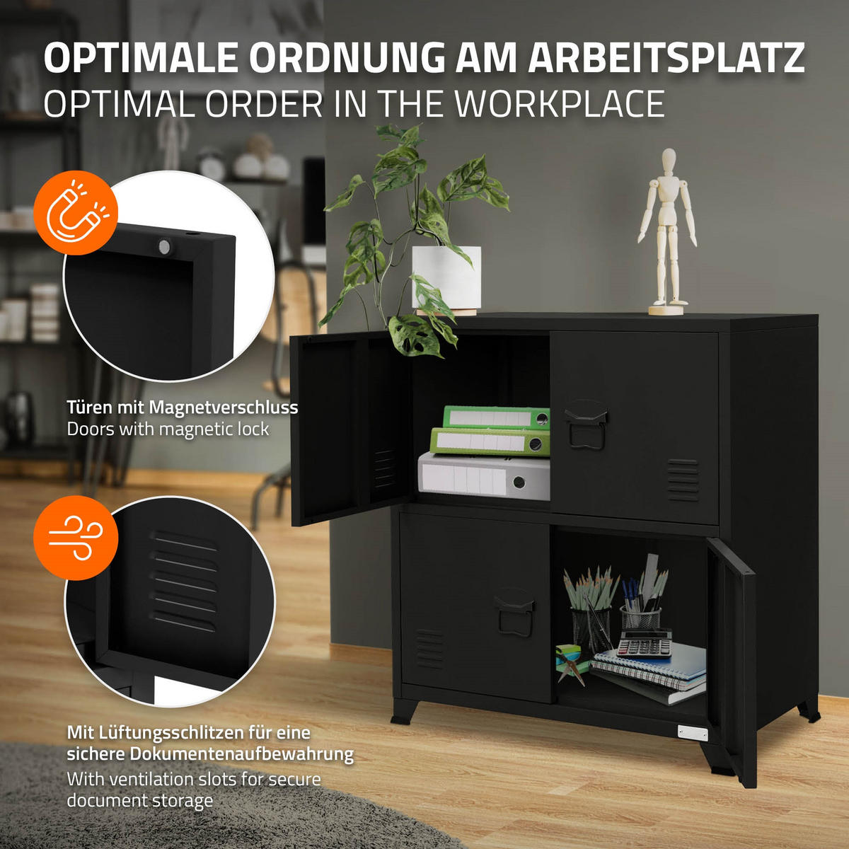 AKTENSCHRANK 75x40x80,5 cm Schwarz aus Stahl - Schwarz, Metall (40/80.5/75cm) - ML-DESIGN
