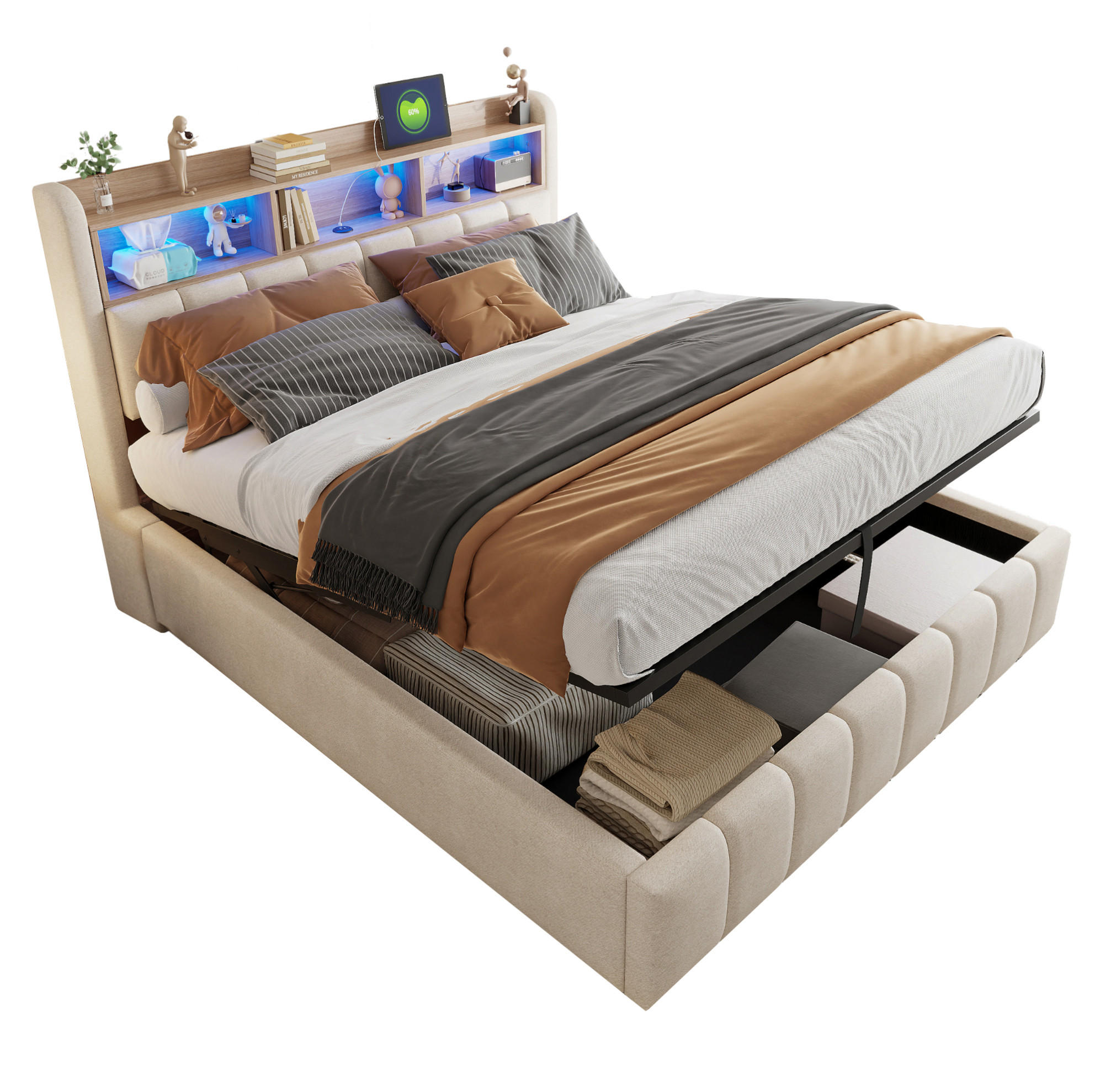 ČALOUNĚNÁ postel 180/200 cm béžová z lněné tkaniny s LED osvětlením, USB a úložným prostorem - béžová, textil (180/200cm) - OKWISH