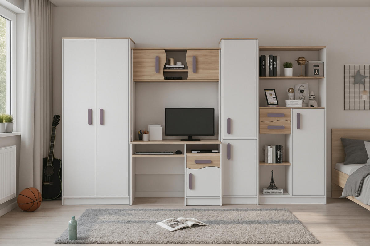 REGAL MIKI 05 Korpus Weiß | Griffe Violett - Violett/Weiß, Holz/Holzwerkstoff (80/187/33cm) - Deine Möbel 24