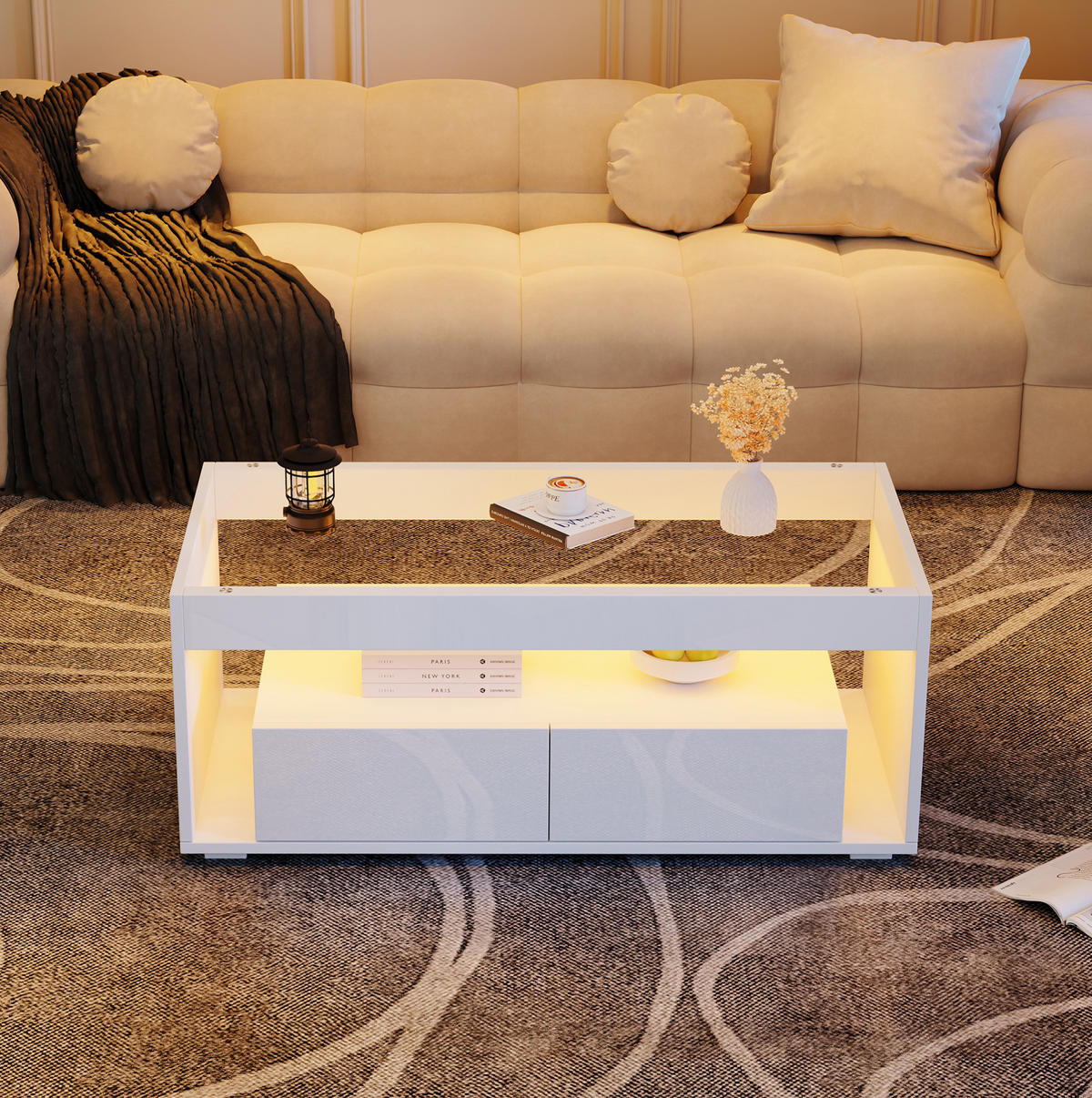 COUCHTISCH mit LED 100 x 50 x 40 cm Weiß mit 2 Schubladen - Weiß, Holzwerkstoff (100/50/40cm) - Meubliv