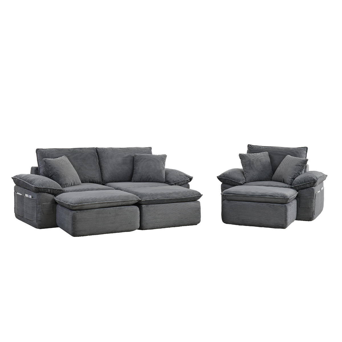 SITZGARNITUR DE-35051 3-Sitzer mit Taschen Hellgrau - Hellgrau, Textil (206/65/156cm) - ComfortXL