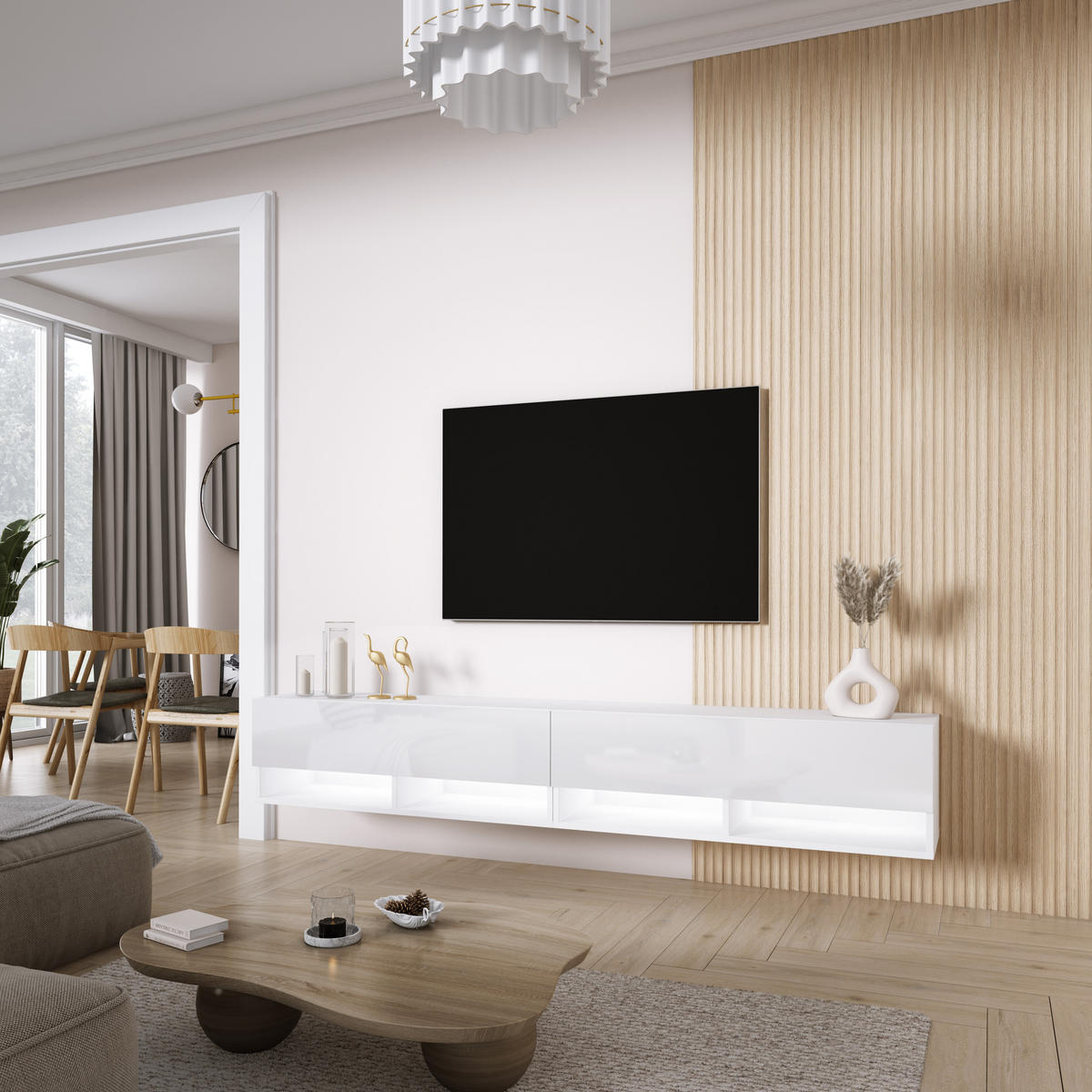 TV-LOWBOARD 200 (2 x 100) cm Mattweiß / Hochglanzweiß, LED weiß, 200 × 32 × 34 cm - Weiß, Holzwerkstoff (200/33.6/32cm) - 3XE LIVING