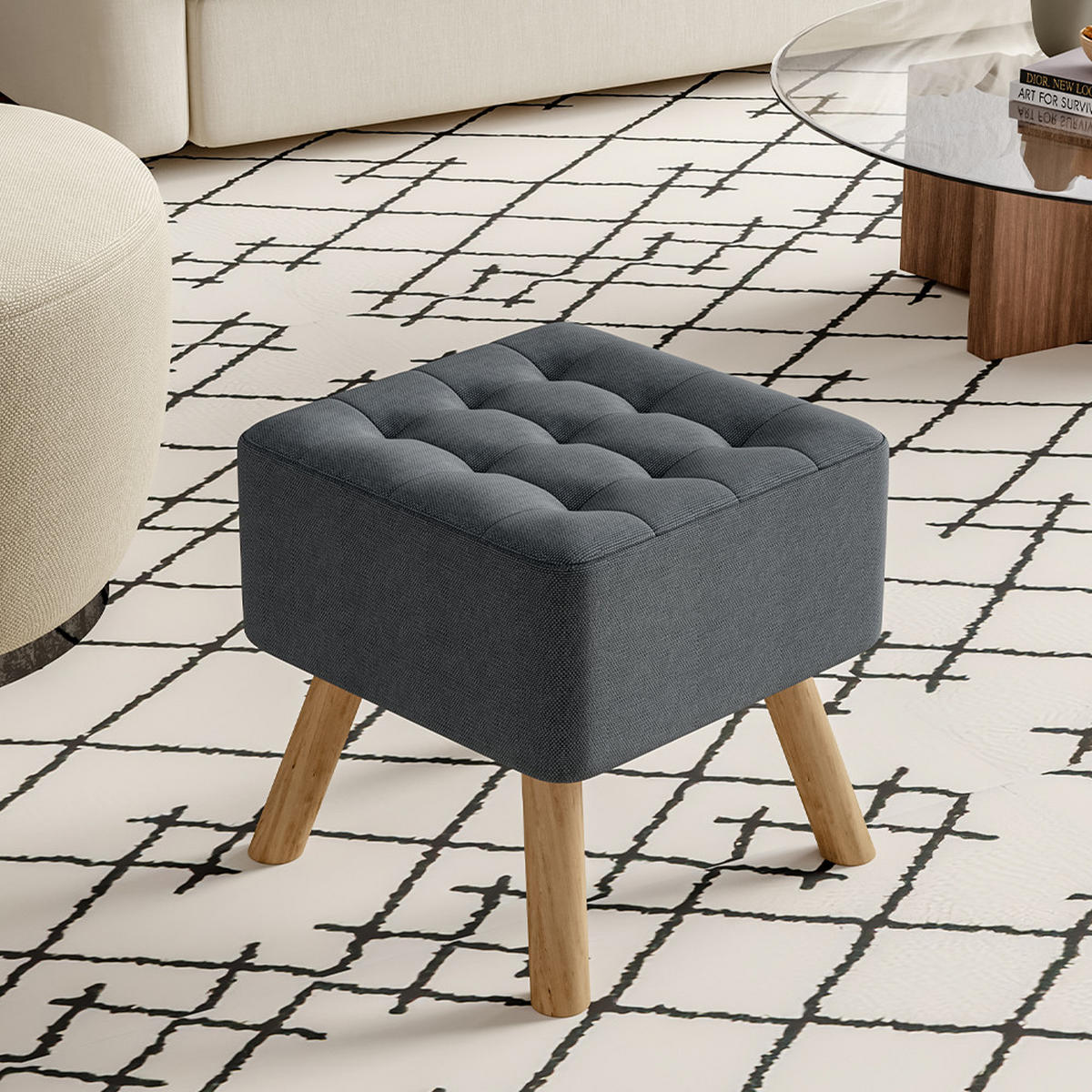 POLSTERHOCKER 39.5/39.5/40 cm Quadratisch Eichenholzbeine Leinen Dunkelgrau - Dunkelgrau/Naturfarben, Eichenholz/Holz (39.5/40/39.5cm) - Livingandhome