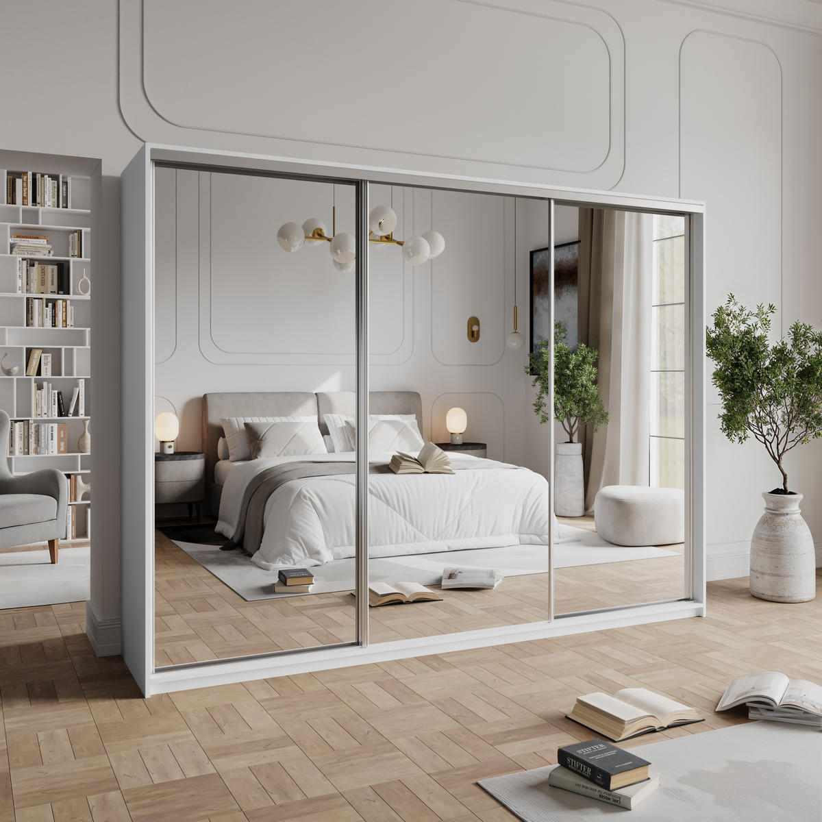 SCHWEBETÜRENSCHRANK RIEN 250/205/60 cm 3-türig mit Spiegel und Schubladen Weiß - Weiß/Nickelfarben, Holzwerkstoff (250/205/60cm) - MASSENO
