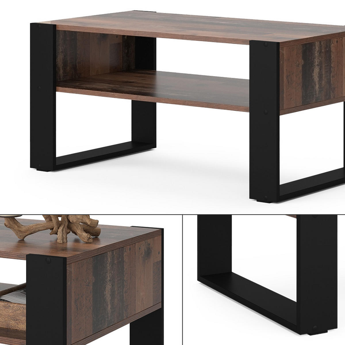 COUCHTISCH Olli Antikholz 92 x 52,4 cm mit Ablage - Eichefarben/Schwarz, Holzwerkstoff (52.4/92/45.6cm) - Vicco