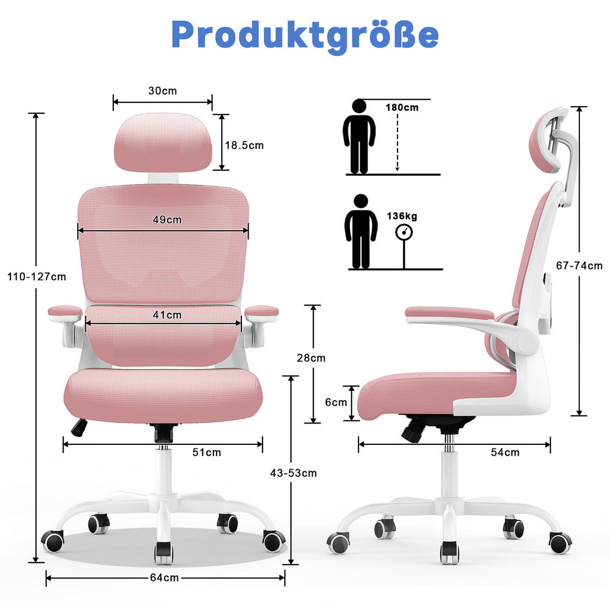 COMPUTERSTUHL drehbar, Wippfunktion – Rosa - Pink, Metall (54/127/54cm) - Rattantree
