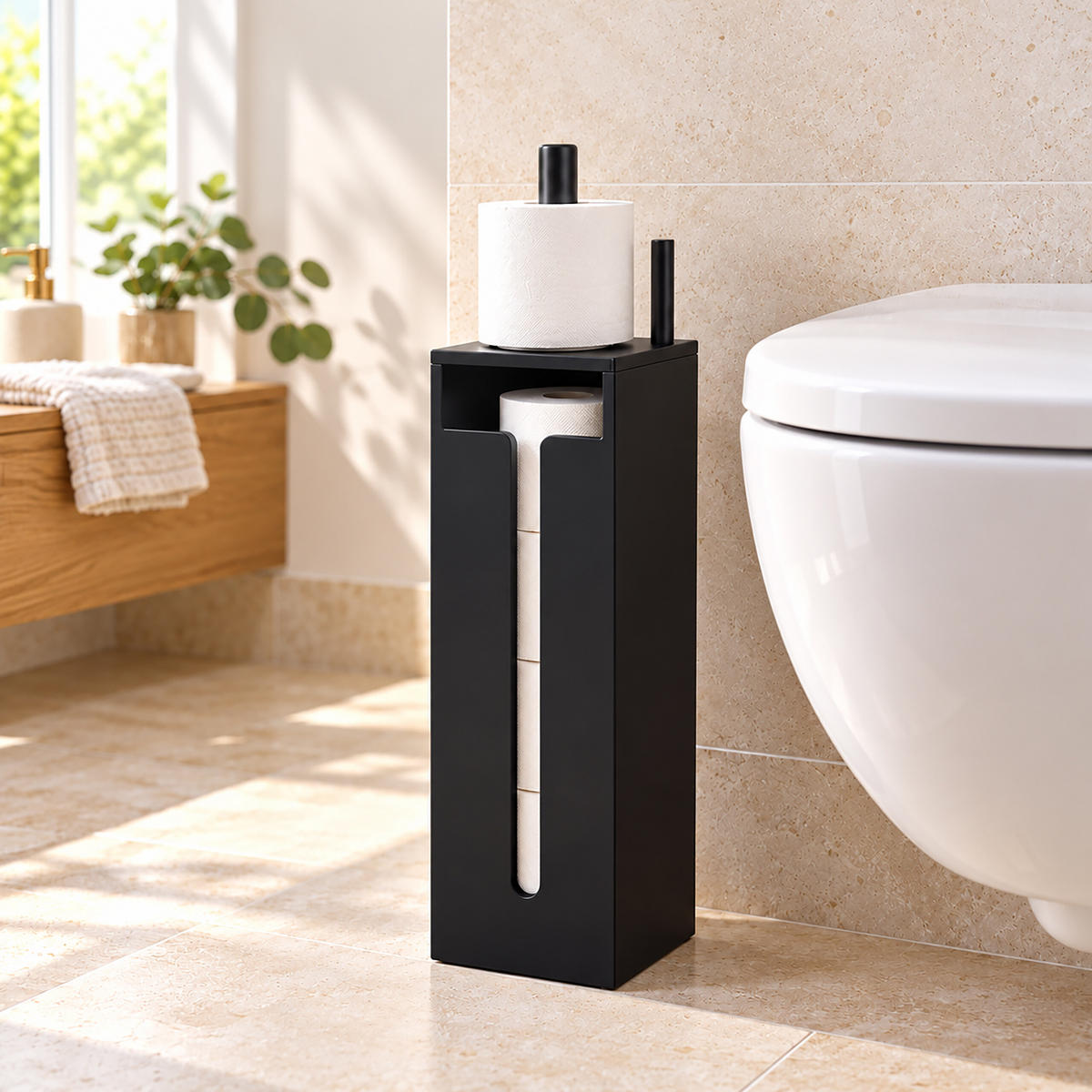 TOILETTENPAPIERHALTER Schwarz MDF für 4 Rollen - Schwarz, Holzwerkstoff (14/44/14cm) - Relaxdays