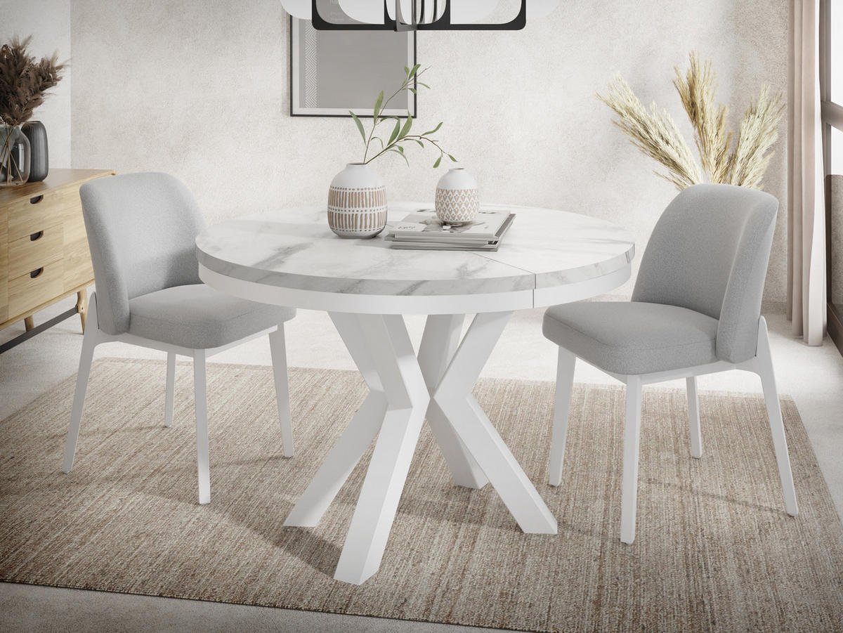 ESSTISCH Clara Weiß runder ausziehbarer, Marmor Weiß 120-200/120/76 cm - Ecru/Weiß, Holzwerkstoff/Metall (120/120/76cm) - WFL GROUP