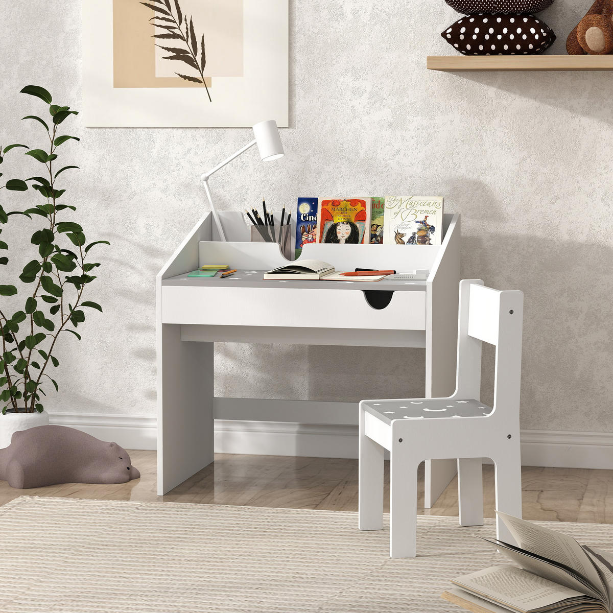 SCHREIBTISCH-SET DE-17524 mit Schublade und Sternenmotiv Grau - Grau, Holzwerkstoff (69/75/50cm) - ComfortXL