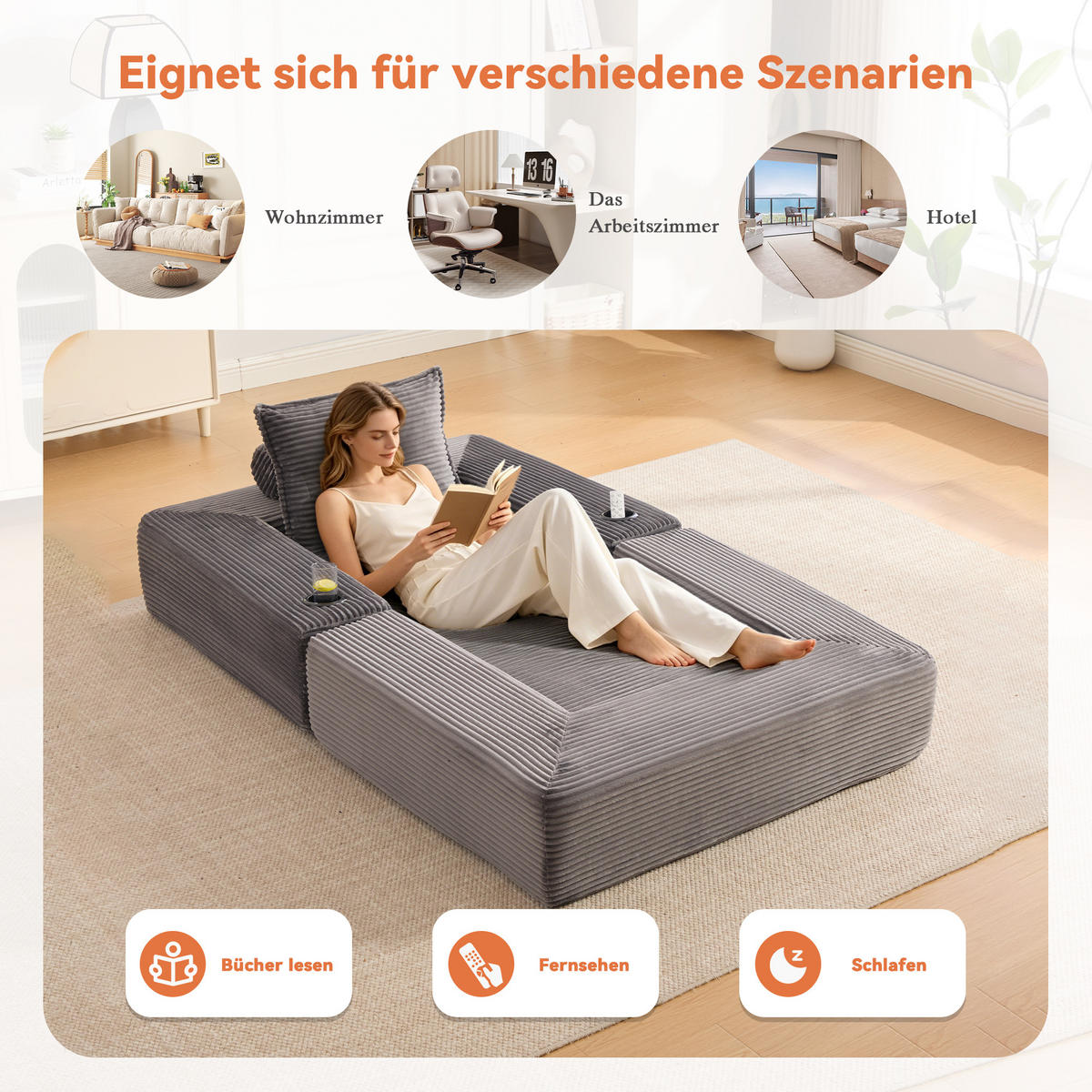 SCHLAFSOFA mit Schlafunktion, Getränkehalter und Federkern aus Cord - Dunkelgrau, Textil (122/80/98cm) - EVRYAE
