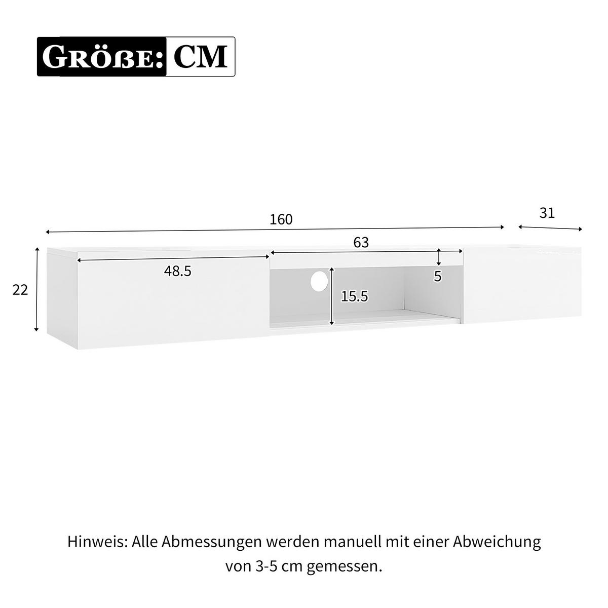TV-LOWBOARD aus Spanplatte 160x31x22 cm Weiß Hochglanz mit LED-Beleuchtung und Bluetooth-App-Steuerung - Weiß, Holzwerkstoff (160/22/31cm) - IVMEU