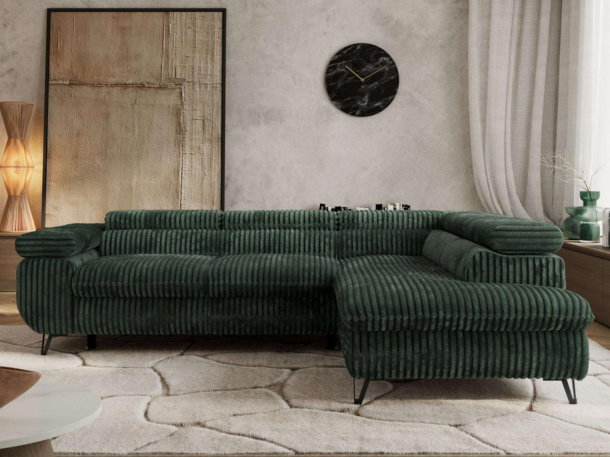 ECKSOFA PABLO L Grün Cord - Rechts Seite mit Visco Topper - Schwarz/Grün, Textil/Metall (273/208cm) - MKS