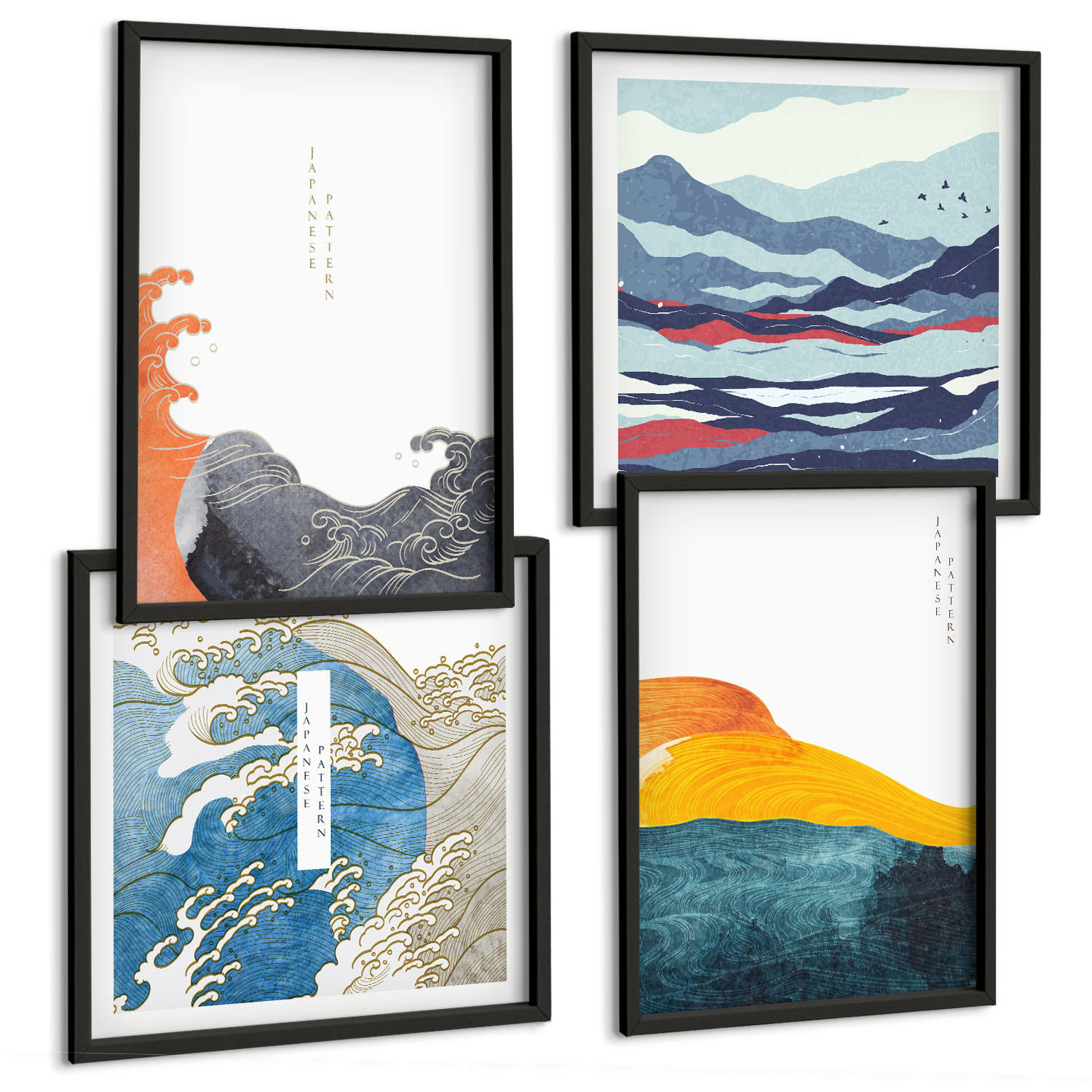 BILDER SET 4er Set - 50x50 cm & 40x60 cm Schwarzer Rahmen - Wellen – Japanische Kunstgrafik - Schwarz, Kunststoff (50/50cm) - TULUP