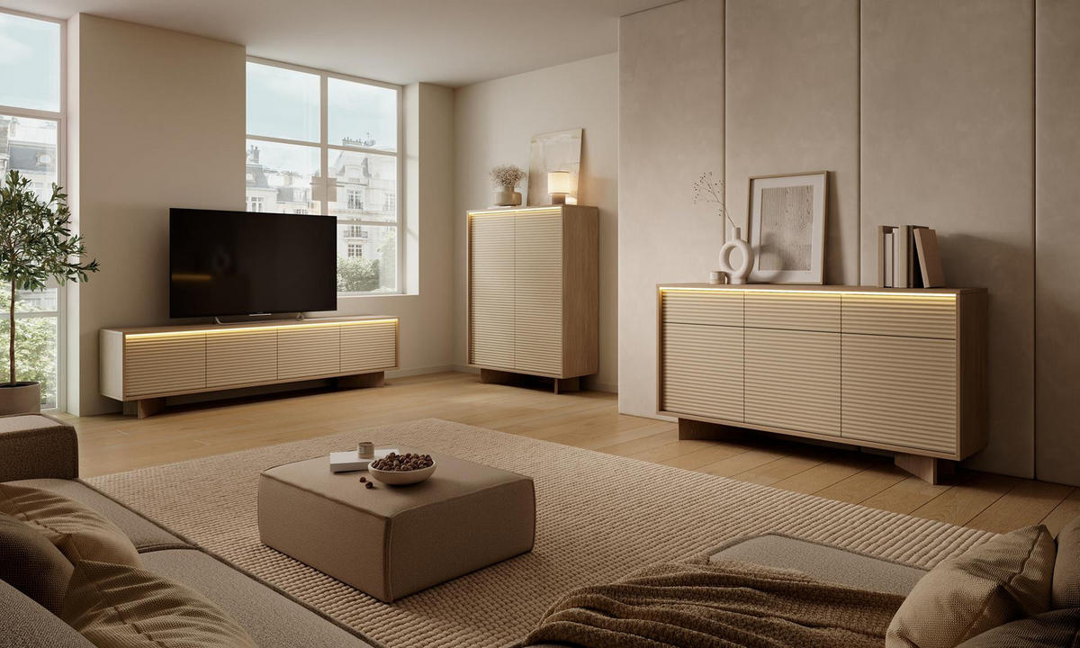 SIDEBOARD DEMI Cappuccino, Viertürig Breite Kommode mit LED-Beleuchtung - Cappuccino, Holzwerkstoff (204/84/40cm) - Bettso