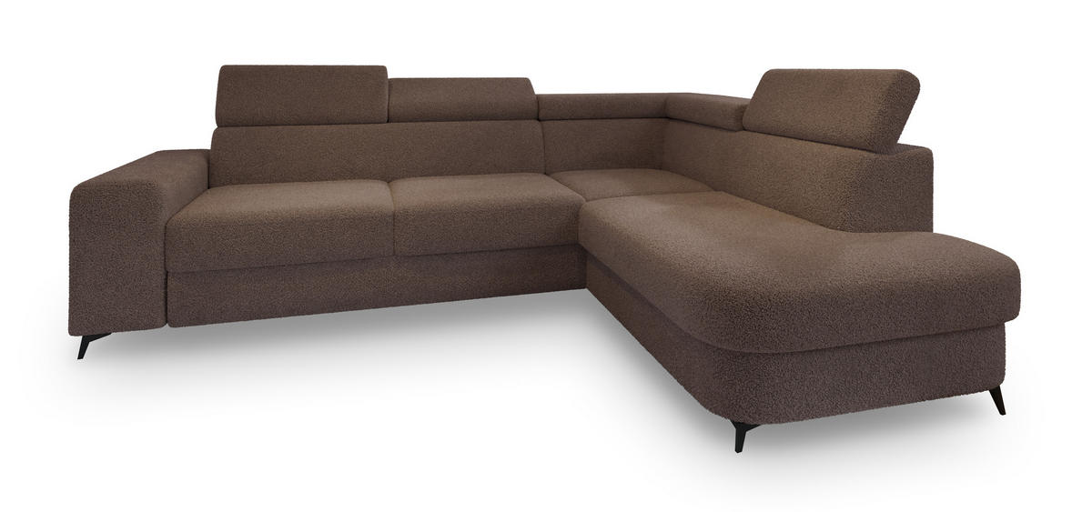 ECKSOFA ALVORO R-S Braun Boucle-Stoff mit Schlaffunktion - Braun, Holz (253/190cm) - MASSENO